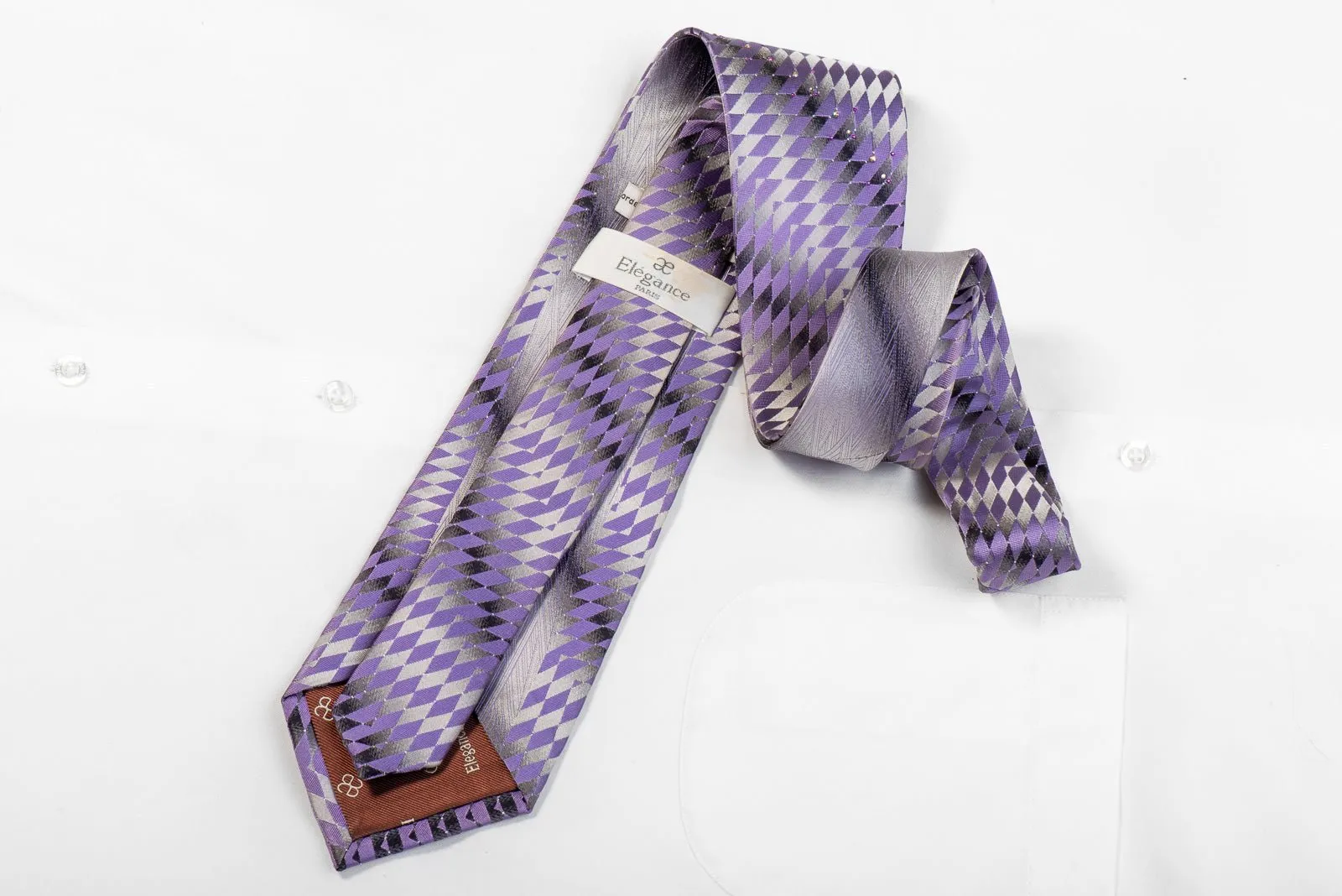 Elegance Men's Silk Rhinestone Tie Purple Geometric On Silver With Sparkles