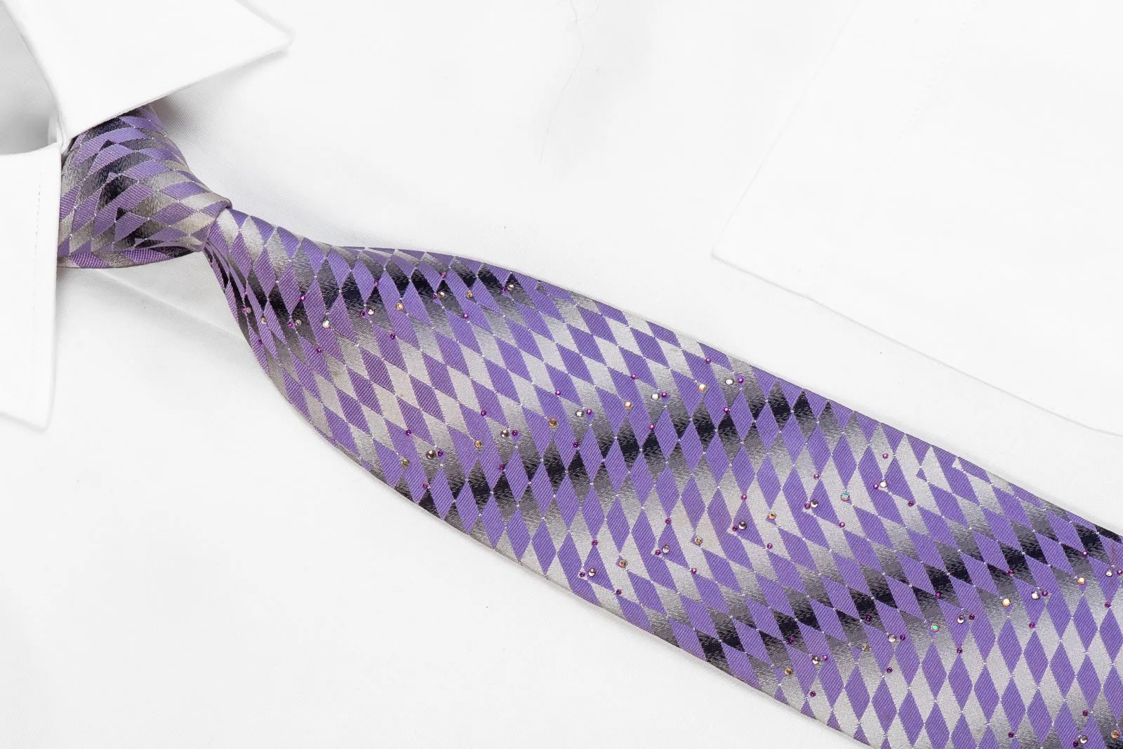 Elegance Men's Silk Rhinestone Tie Purple Geometric On Silver With Sparkles