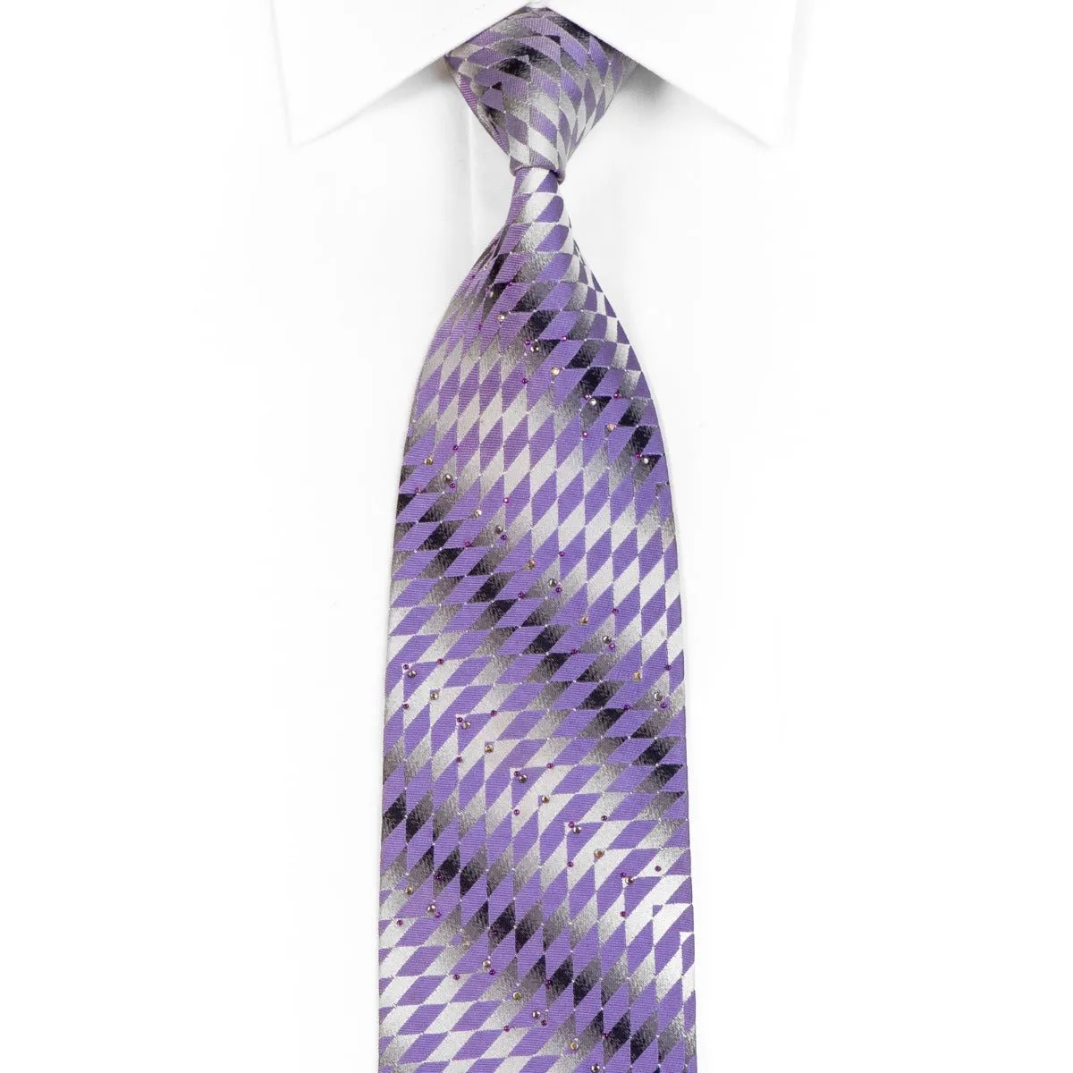 Elegance Men's Silk Rhinestone Tie Purple Geometric On Silver With Sparkles