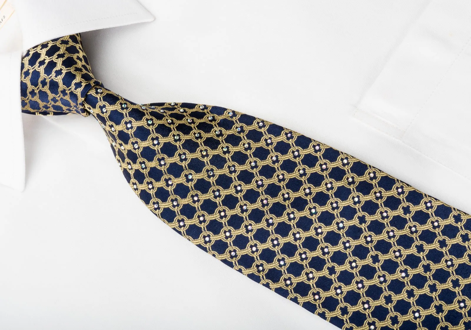 Elegance Silk Necktie Golden Trellis On Navy With Rhinestones