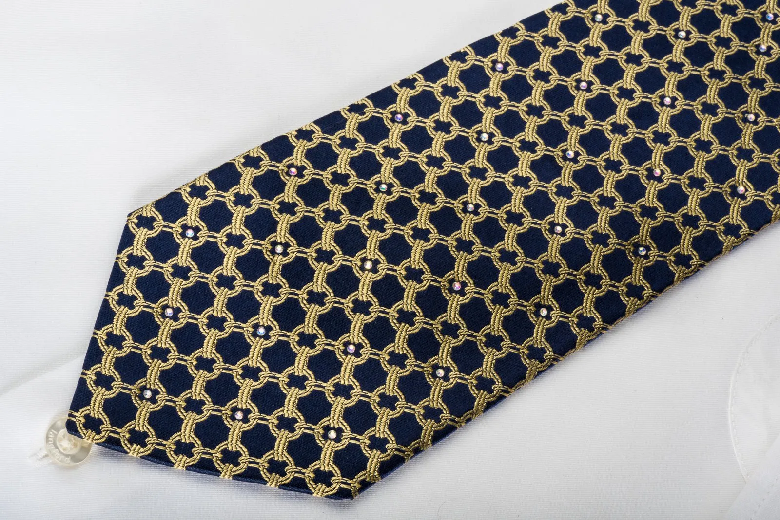 Elegance Silk Necktie Golden Trellis On Navy With Rhinestones