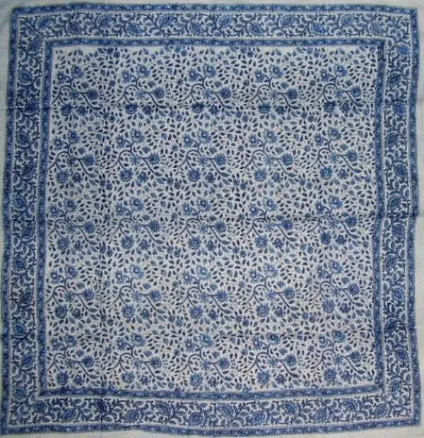 Floral Block Print Scarf Soft Light Cotton 42 x 42 Blue