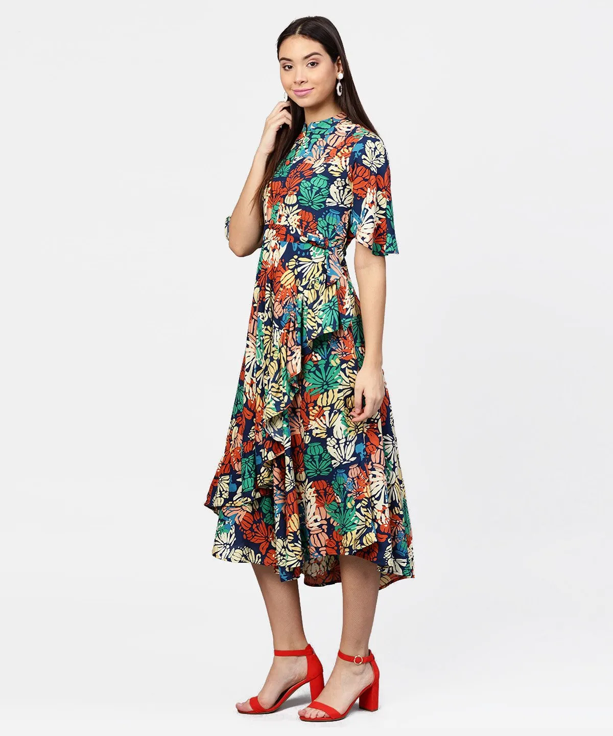 Floral Printed Chinese Collared With Attached Belt And 3/4Th Sleeves Maxi Dress