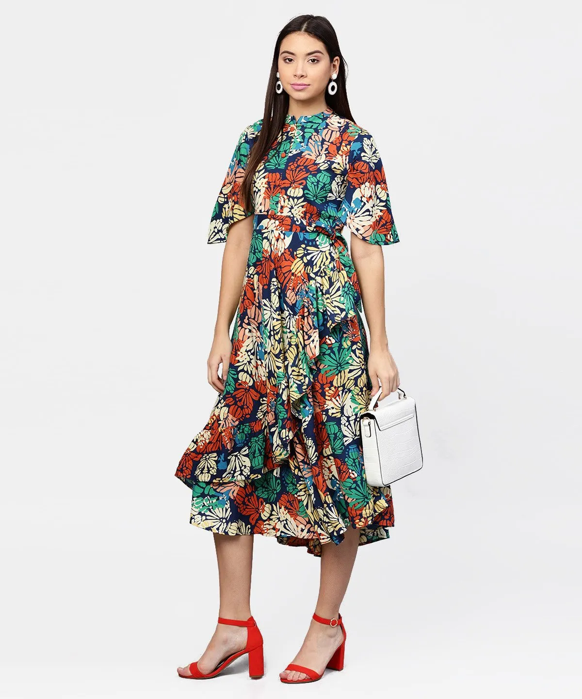 Floral Printed Chinese Collared With Attached Belt And 3/4Th Sleeves Maxi Dress