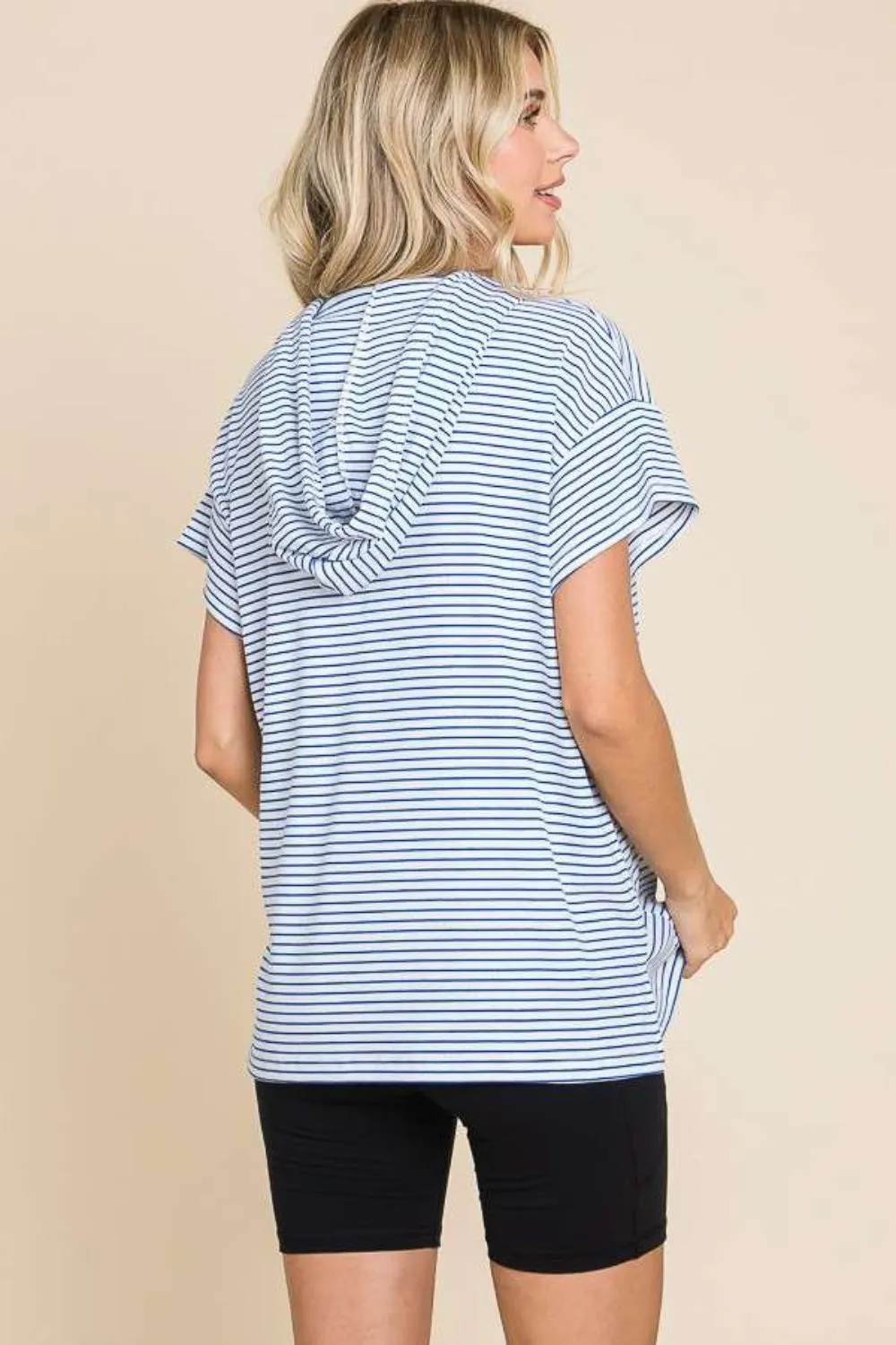 Full Size Striped Short Sleeve Hooded Top