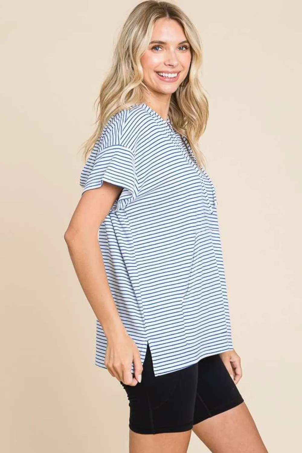 Full Size Striped Short Sleeve Hooded Top