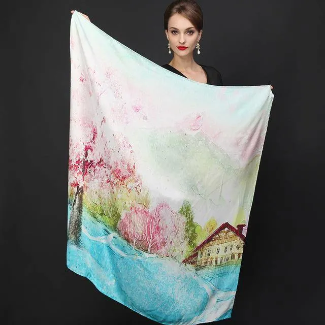 Genuine Natural Silk Scarf Shawl Floral Printed Shawl