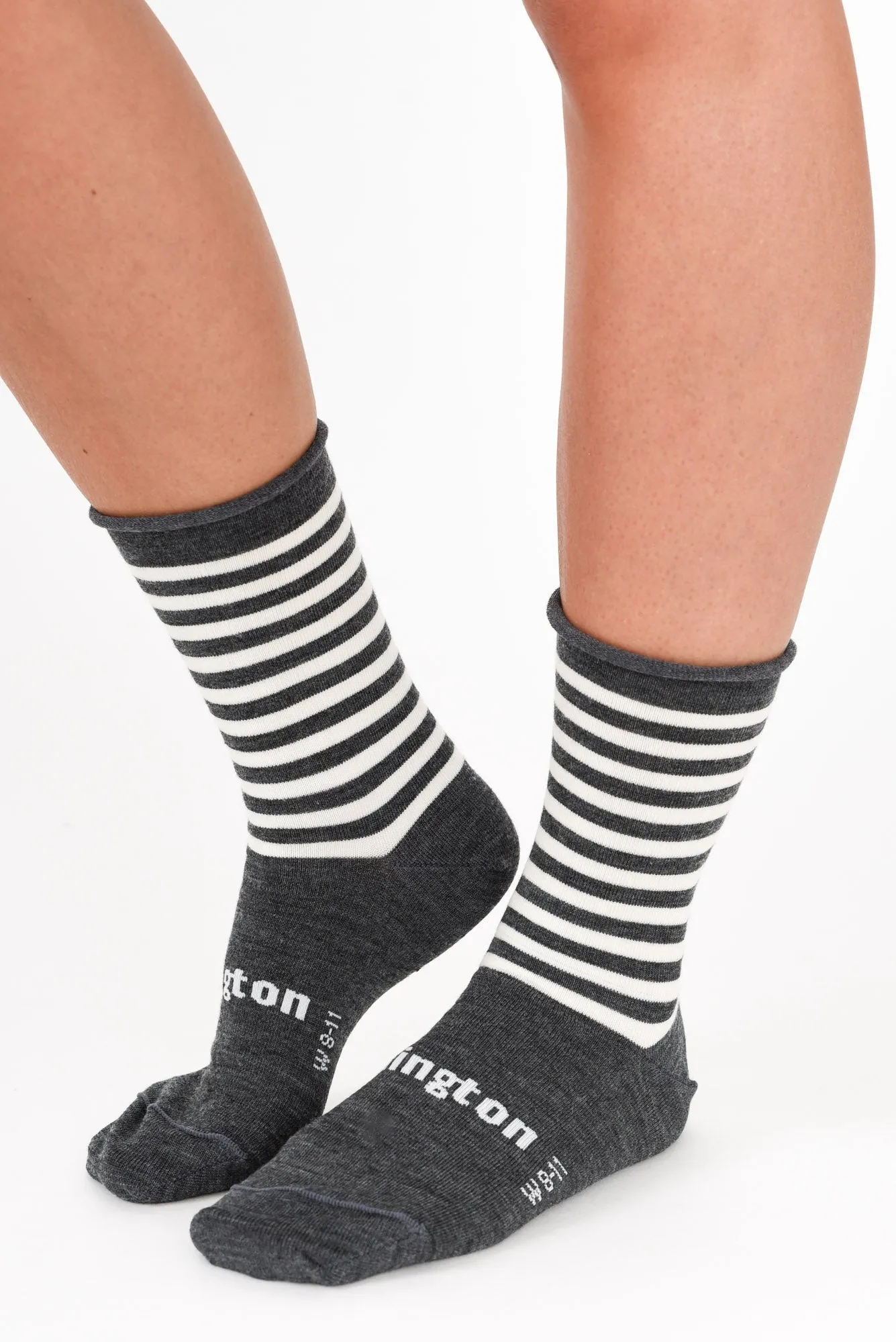 Grey Stripe Merino Wool Rolled Crew Socks