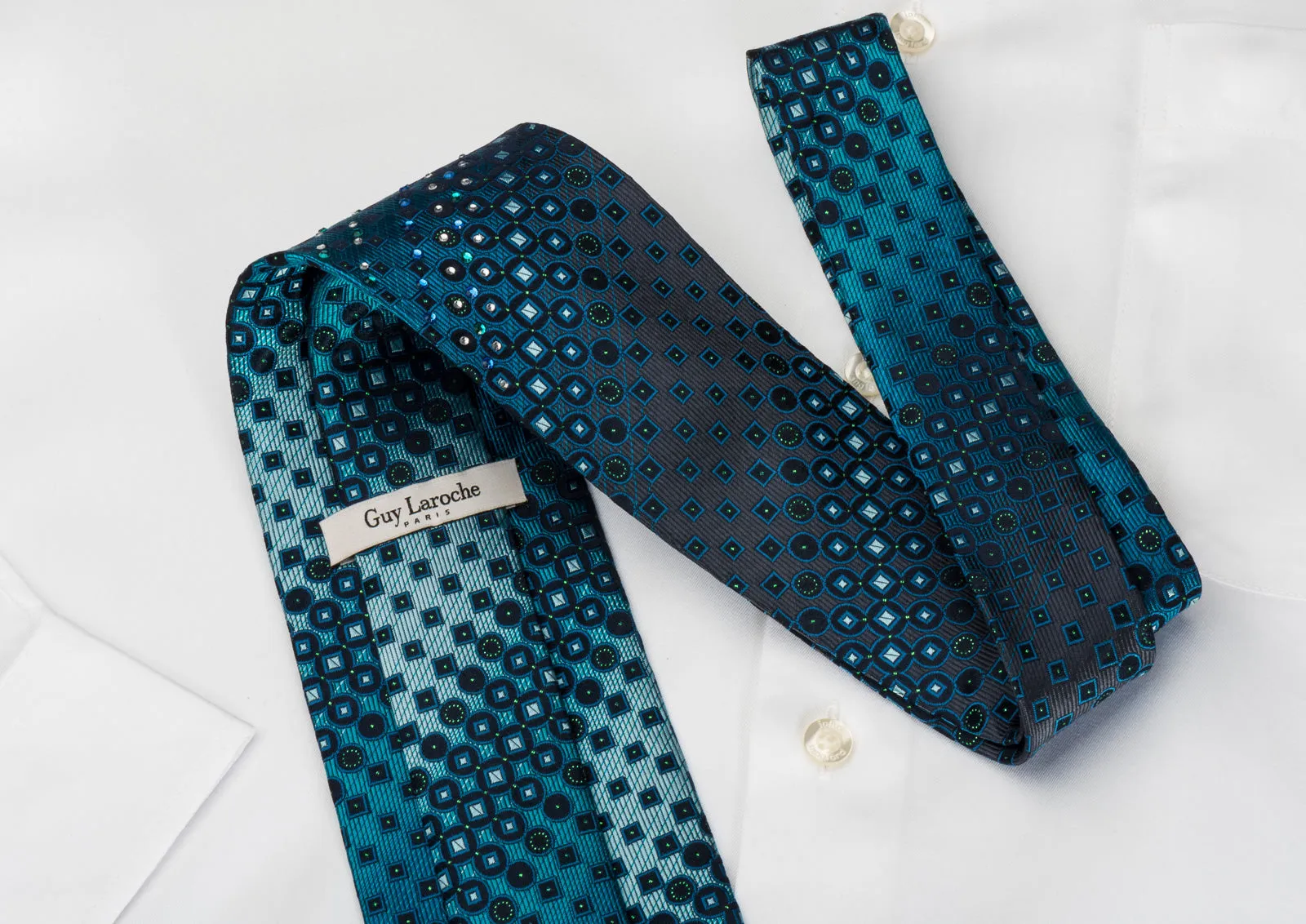 Guy Laroche Rhinestone Tie Geometric On Blue With Green Sparkles