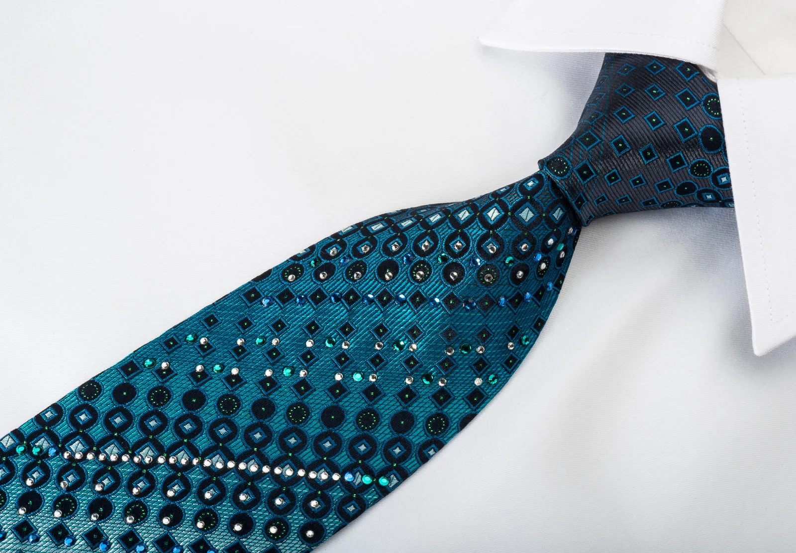 Guy Laroche Rhinestone Tie Geometric On Blue With Green Sparkles