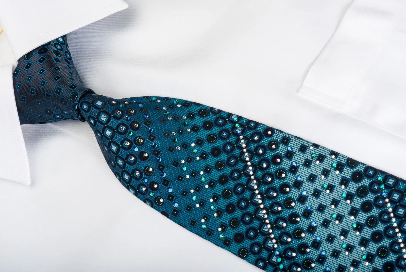 Guy Laroche Rhinestone Tie Geometric On Blue With Green Sparkles