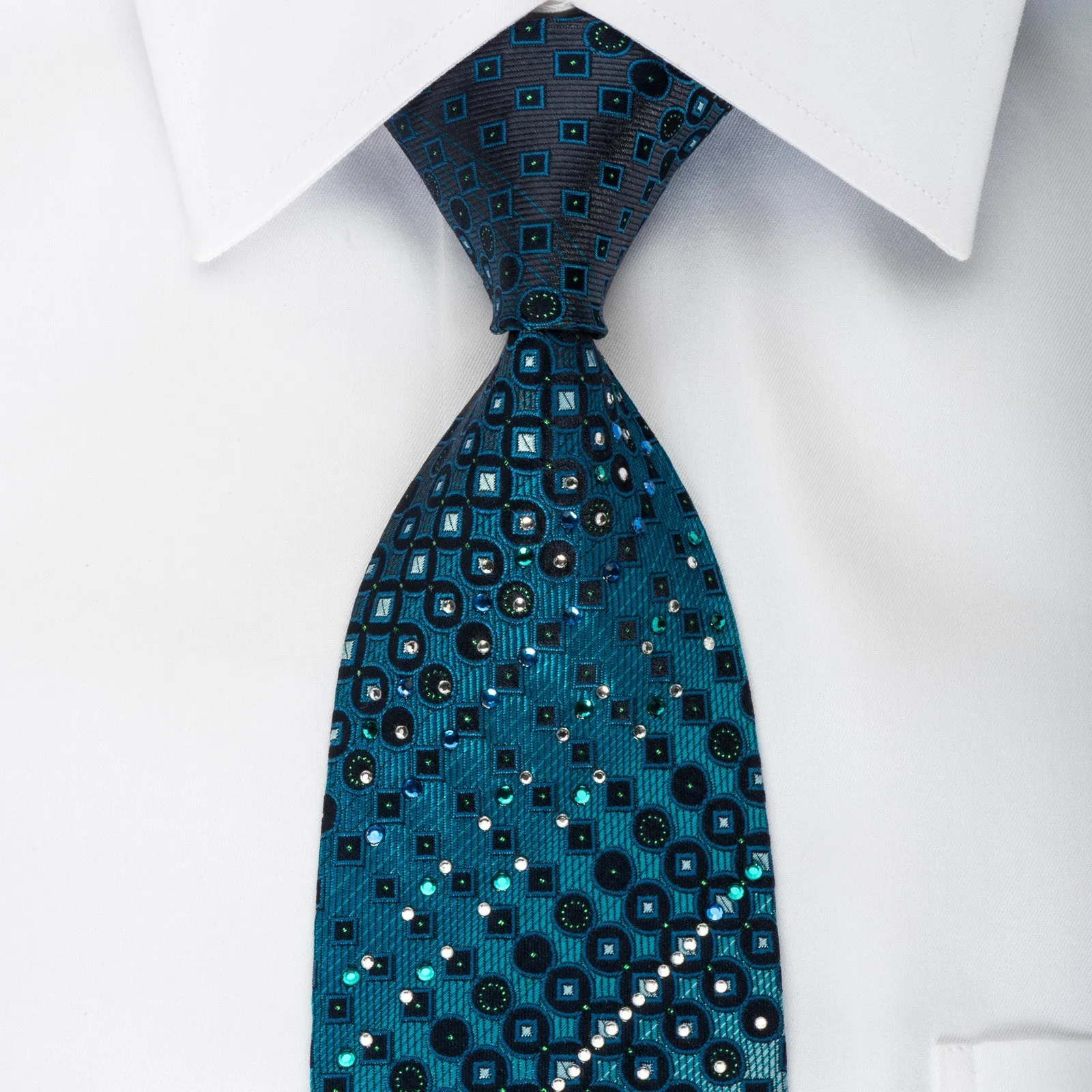 Guy Laroche Rhinestone Tie Geometric On Blue With Green Sparkles