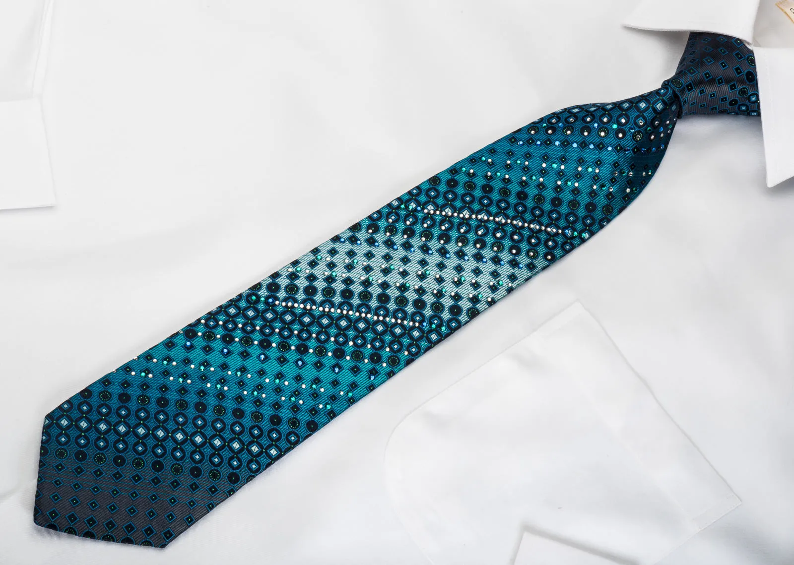 Guy Laroche Rhinestone Tie Geometric On Blue With Green Sparkles