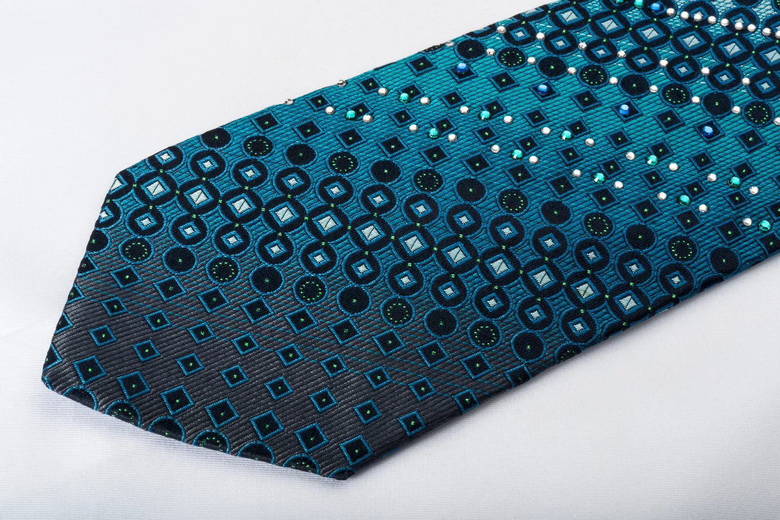 Guy Laroche Rhinestone Tie Geometric On Blue With Green Sparkles