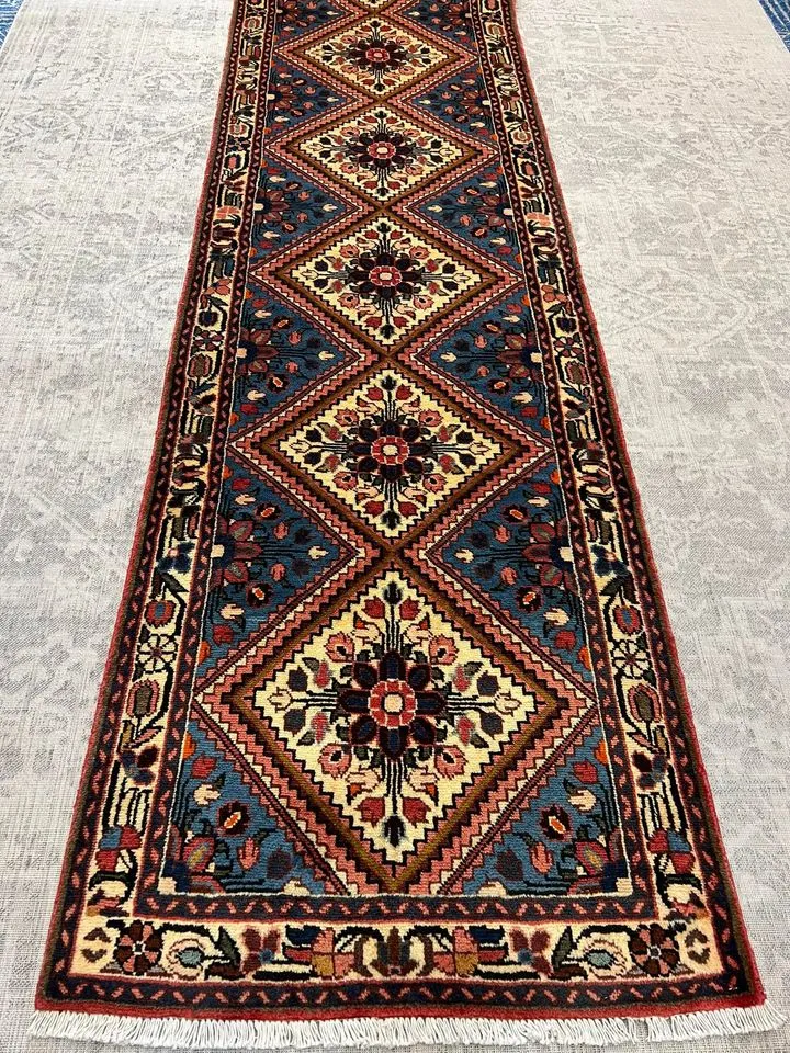 HAND KNOTTED PERSIAN  RUG Red/Navy  404X87 CM ( Runner )