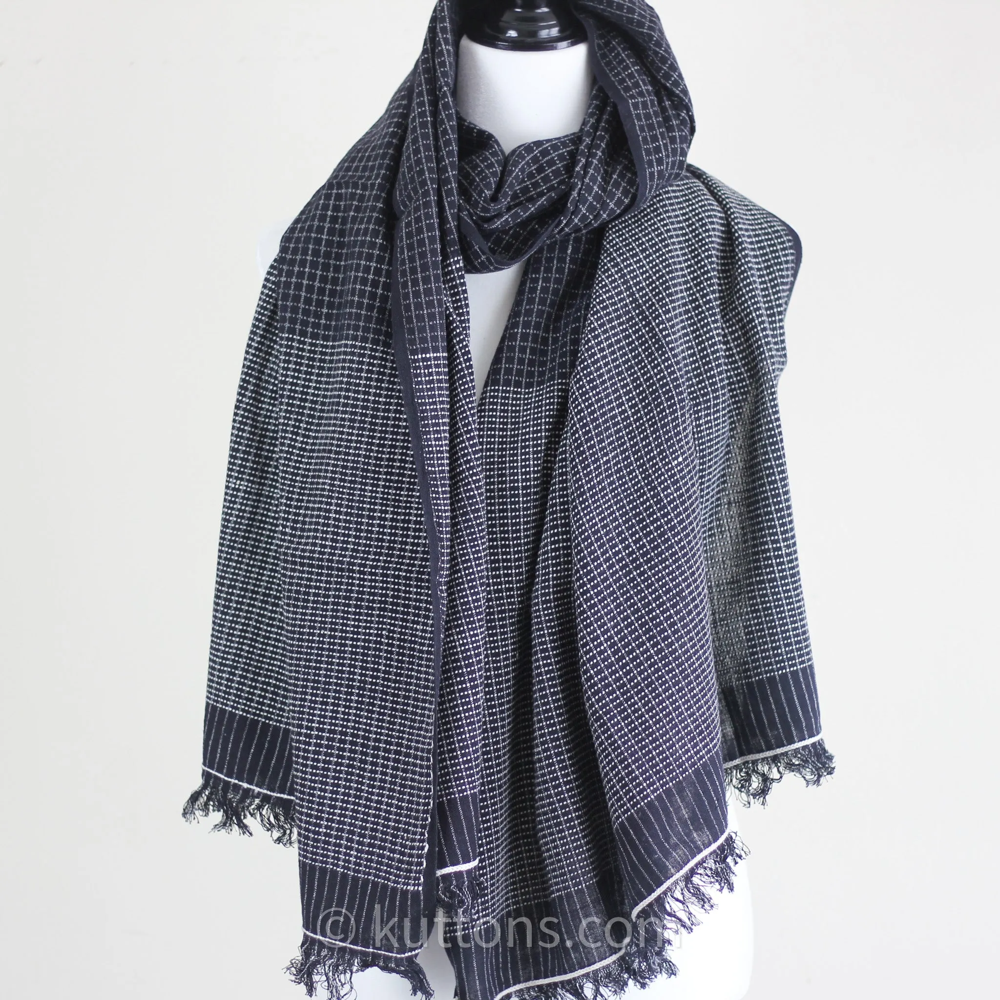 Handspun & Handwoven Cotton Scarf with Frayed Edges - Azo-Free Dyes - Elegant Stole for Style and Comfort | Black, 28x80"