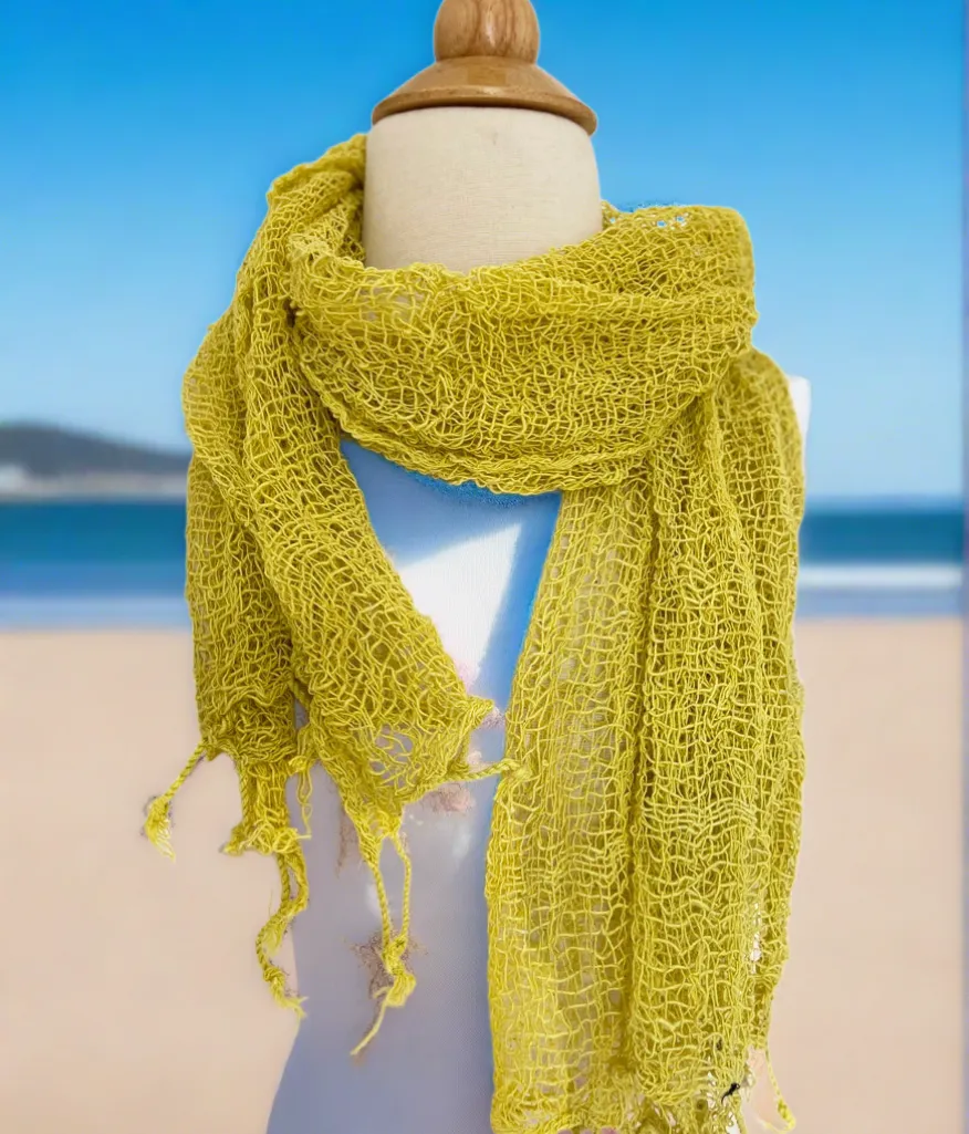 Handwoven Open Weave Cotton Scarf - Lemon Yellow