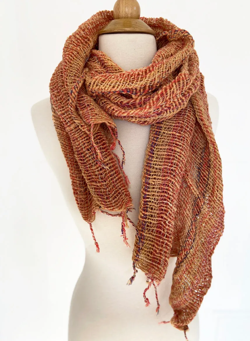 Handwoven Open Weave Cotton Scarf - Multi Orange-Gold