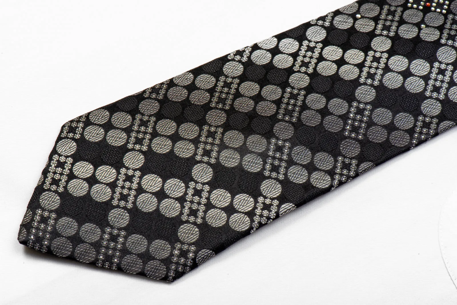 Huem Men's Black Silk Necktie Silver Geometric Circles On Black With Silver Sparkles