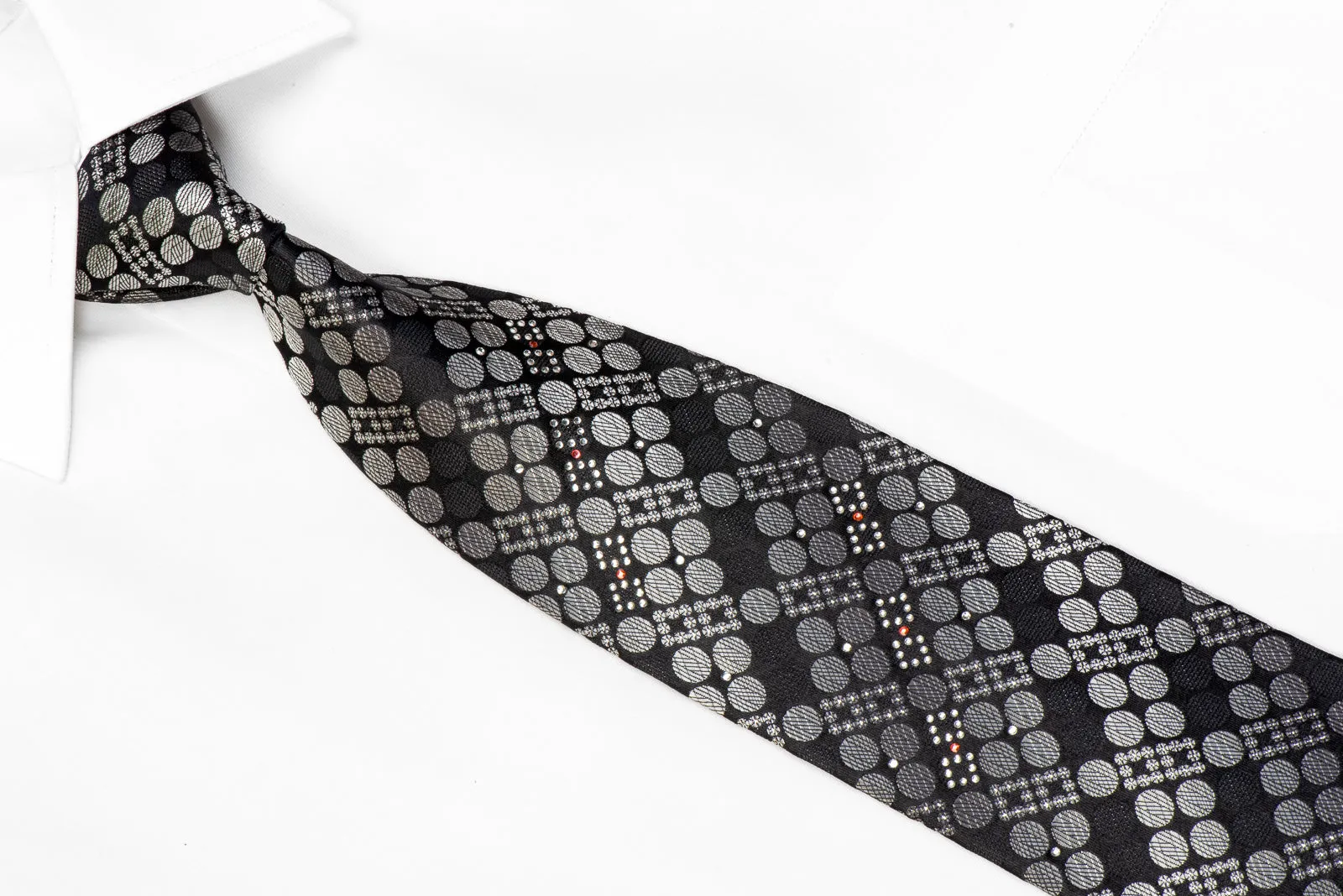 Huem Men's Black Silk Necktie Silver Geometric Circles On Black With Silver Sparkles