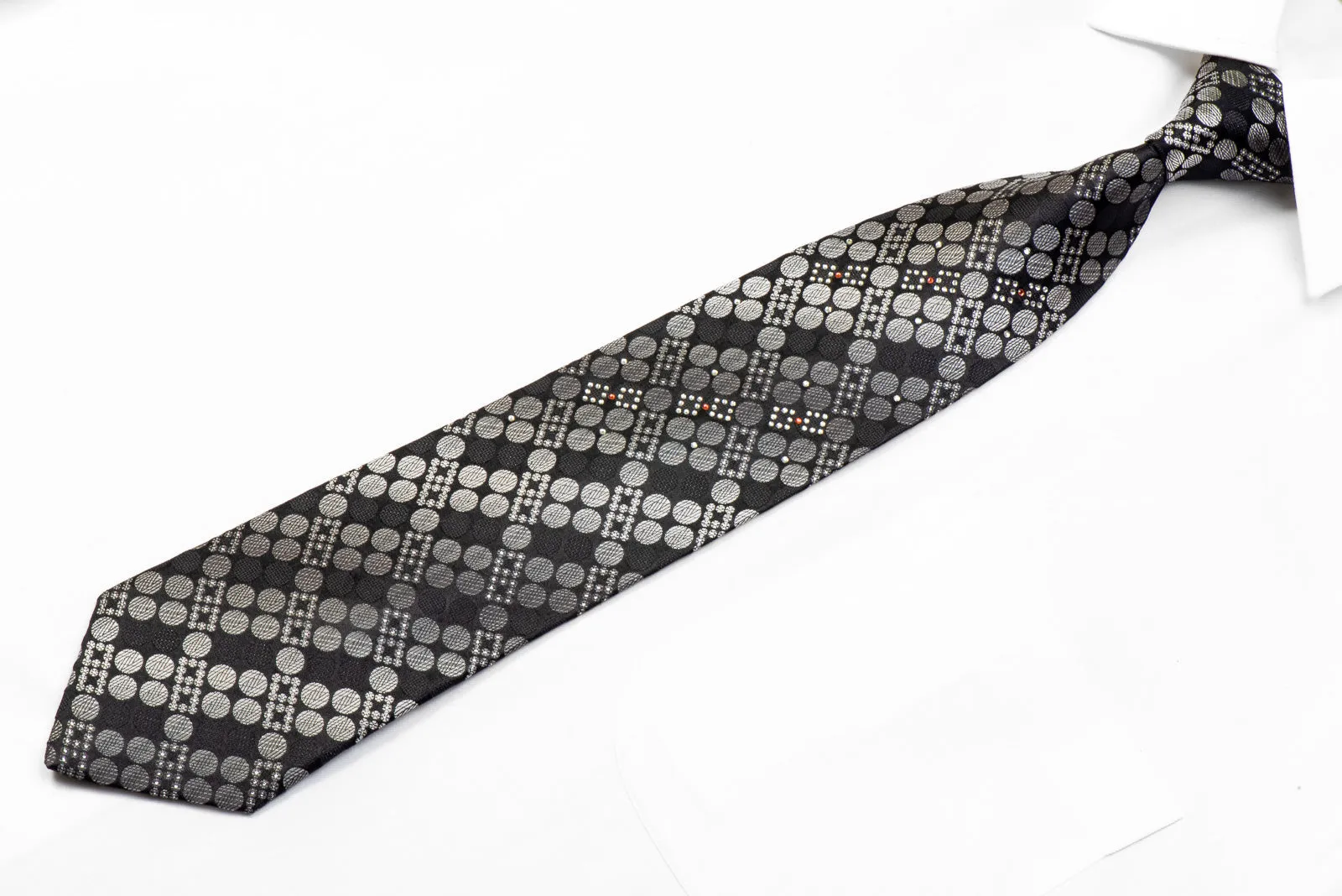 Huem Men's Black Silk Necktie Silver Geometric Circles On Black With Silver Sparkles