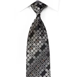 Huem Men's Black Silk Necktie Silver Geometric Circles On Black With Silver Sparkles