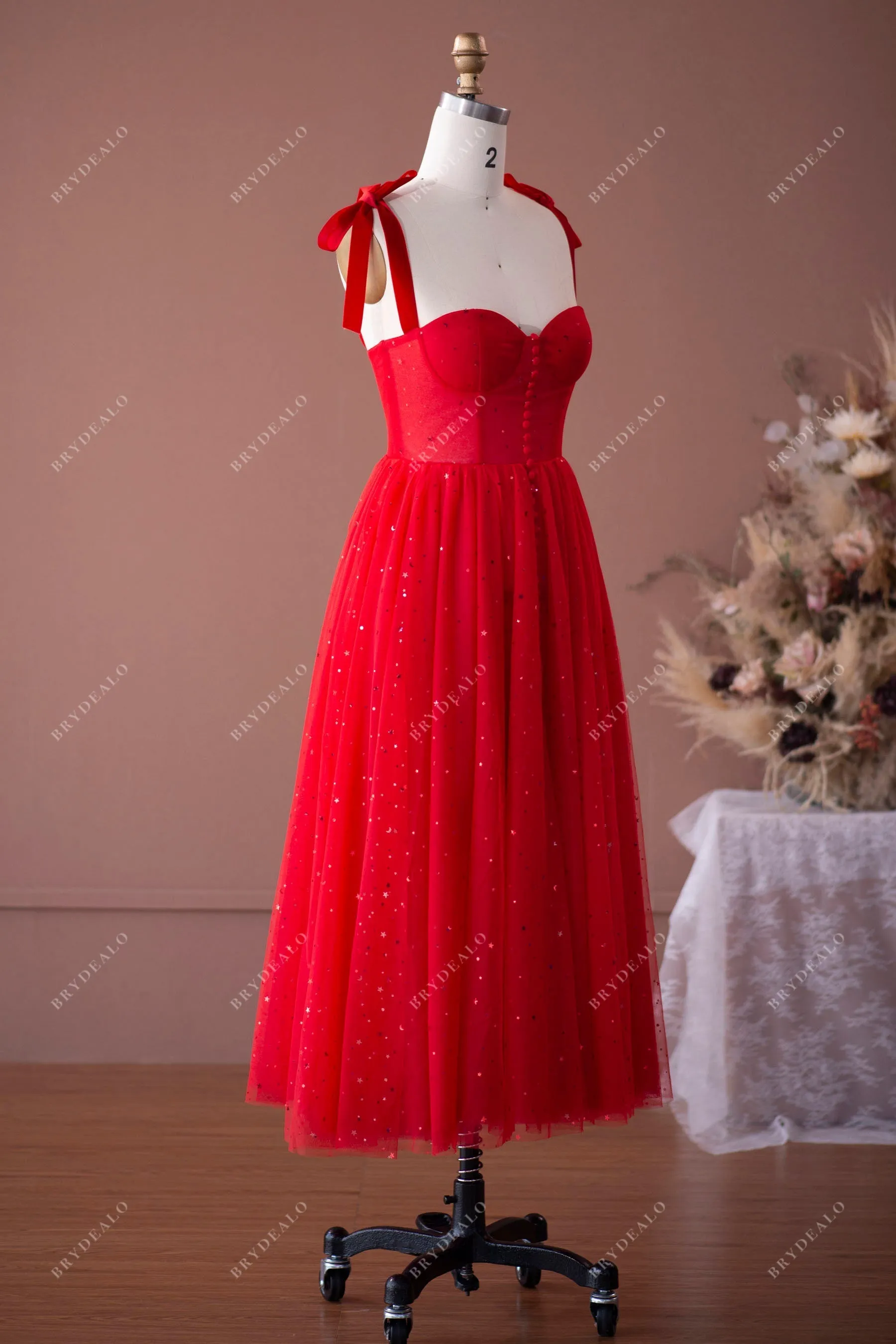 In Stock | Gold Star Red Tulle Tea Length Prom Dress