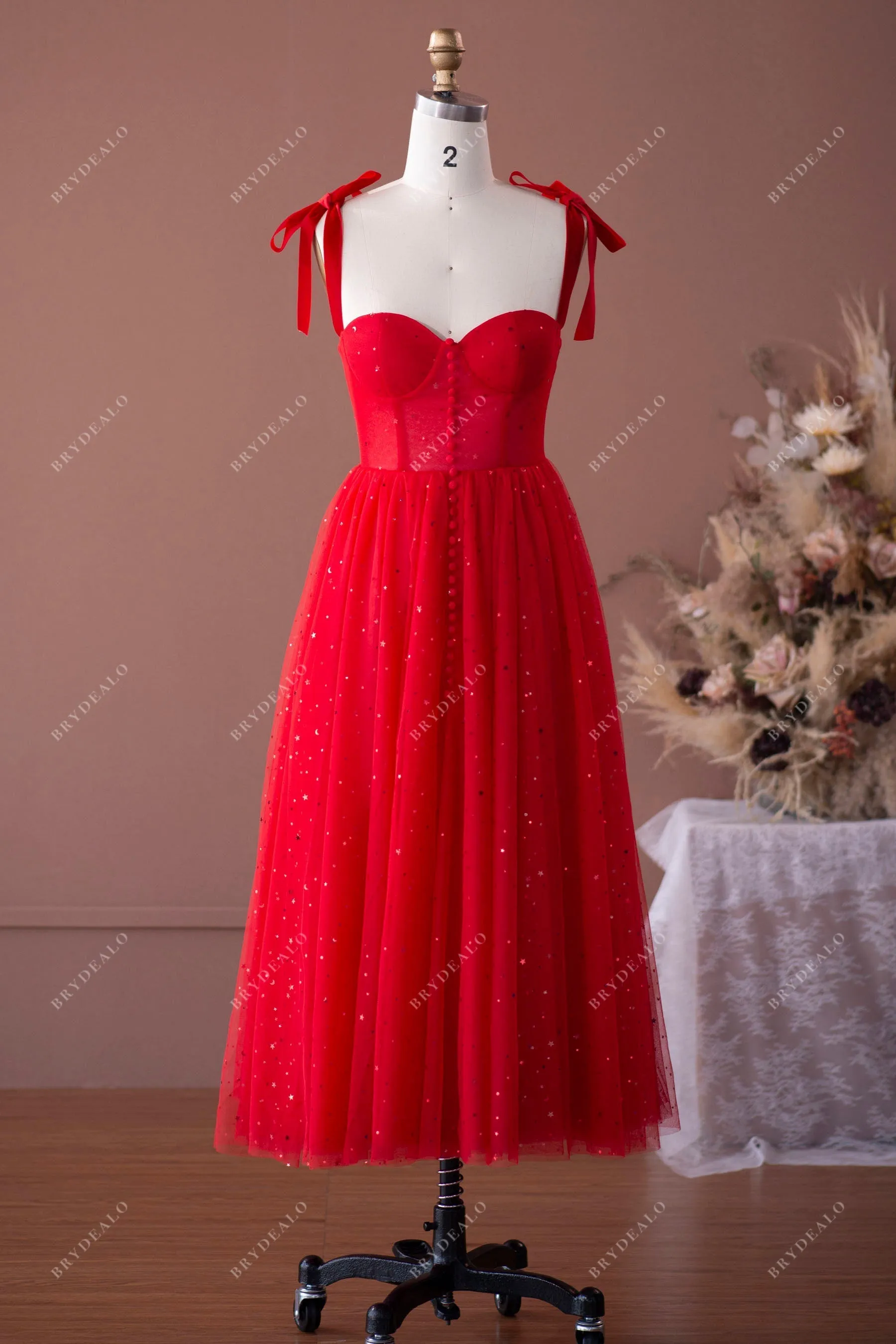 In Stock | Gold Star Red Tulle Tea Length Prom Dress