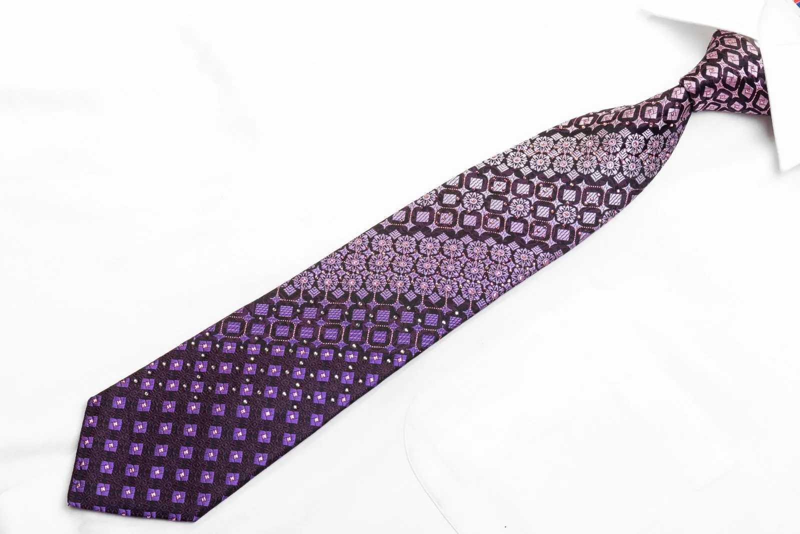 Indian Homme Men's Crystal Rhinestone Necktie Purple Geometric On Black With Sparkles