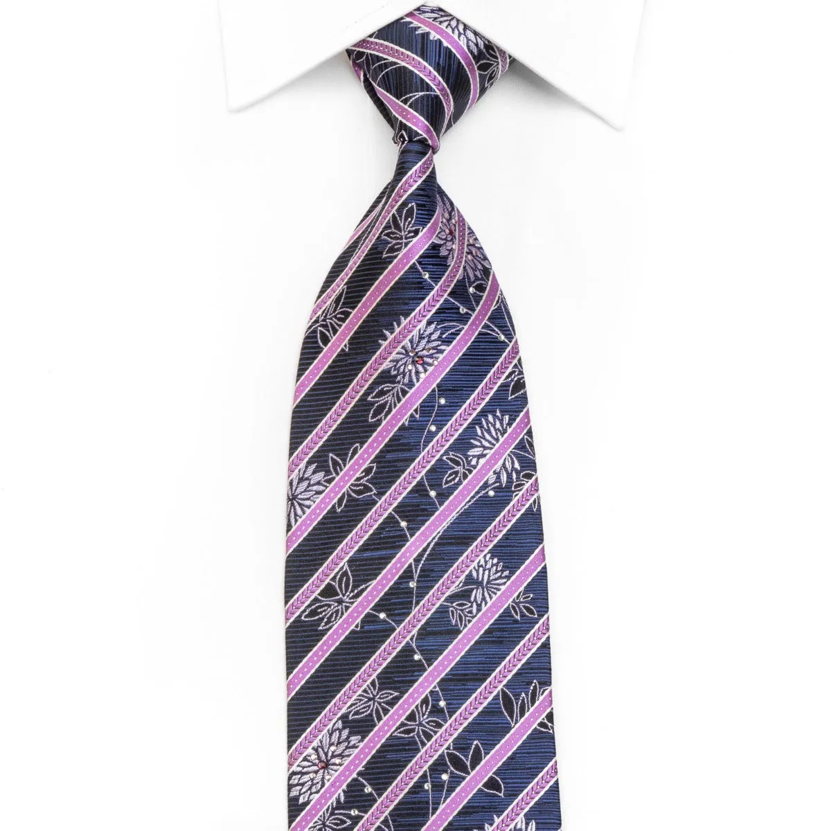 Indian Homme Men's Rhinestone Necktie Purple Striped On Black Blue Silver Floral With Sparkles