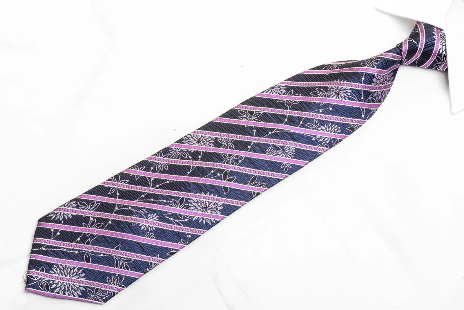 Indian Homme Men's Rhinestone Necktie Purple Striped On Black Blue Silver Floral With Sparkles