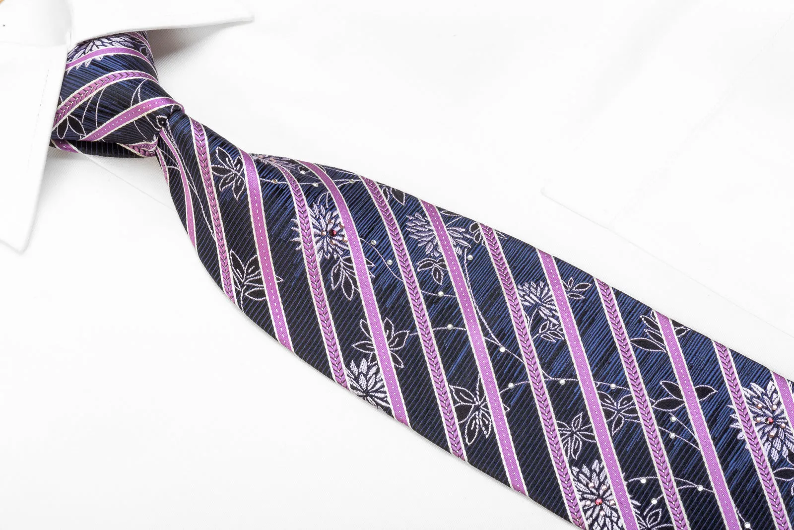 Indian Homme Men's Rhinestone Necktie Purple Striped On Black Blue Silver Floral With Sparkles