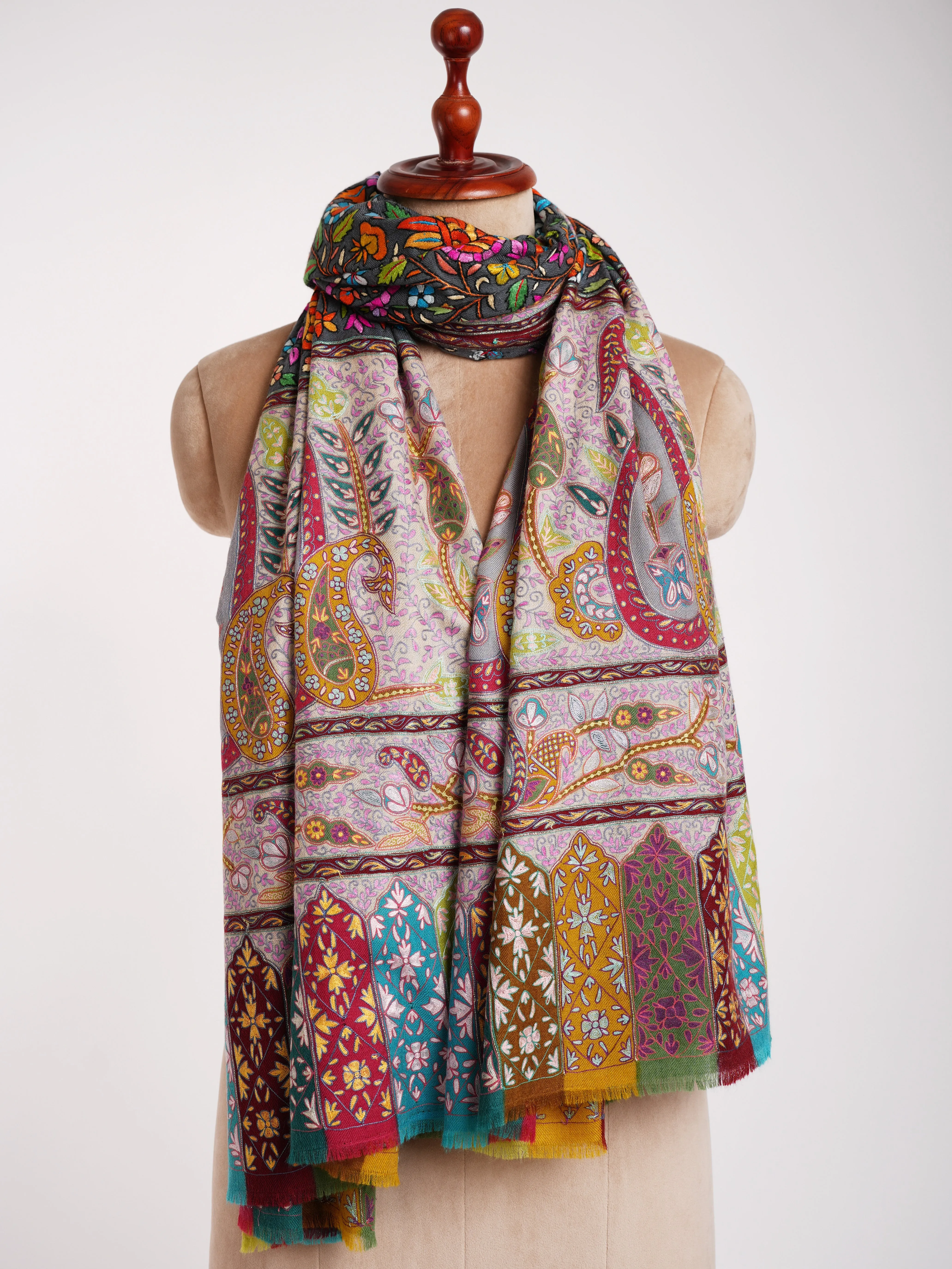 Kalamkari and Papier-mâché Fusion Pashmina Jamavar Shawl