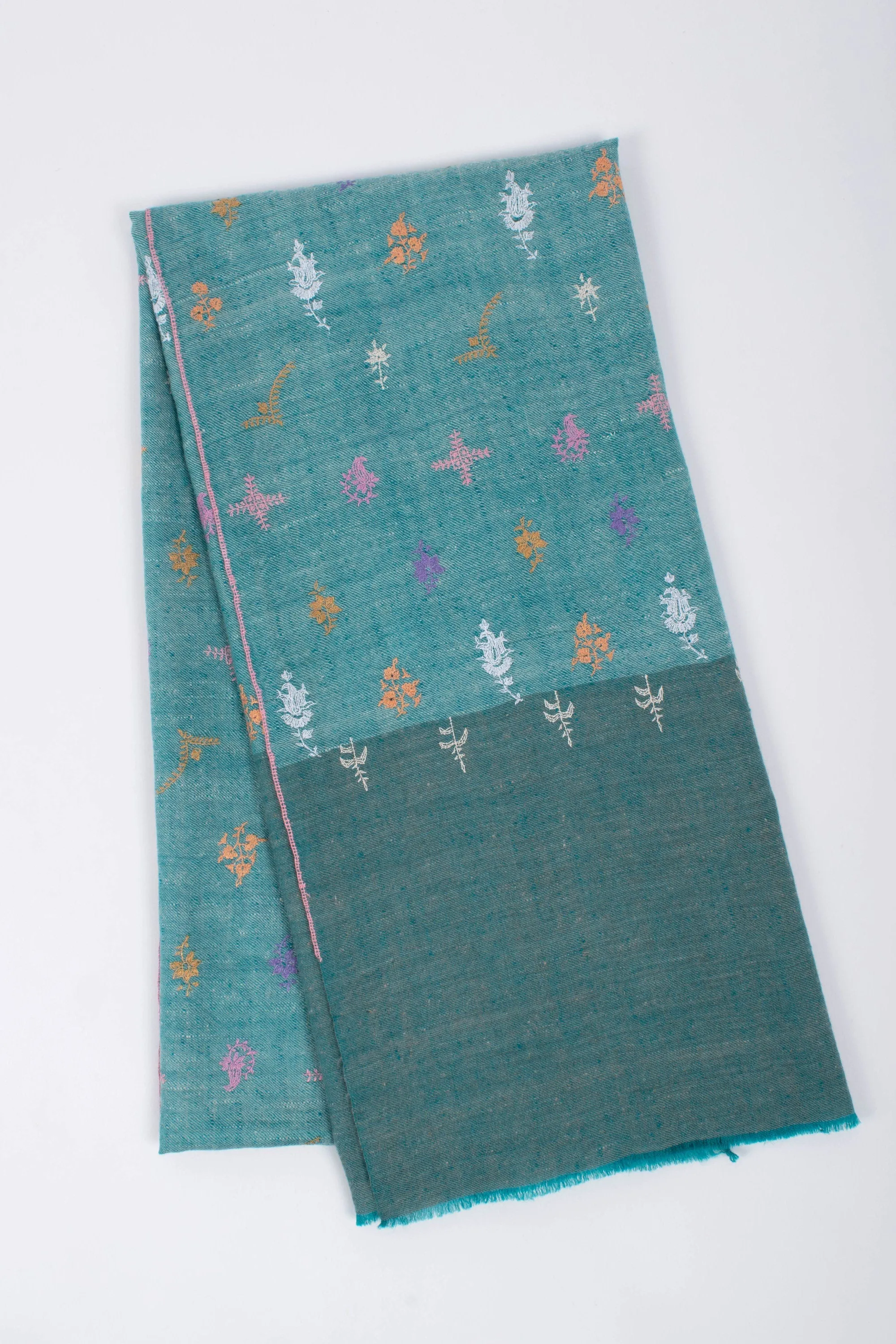 Khadi Kashmir Shawl, Pashmina Scarf, Sozni Wrap, Super Soft, Handmade, Embroidered Neck Scarves, 28x80" - PONDICHERRY