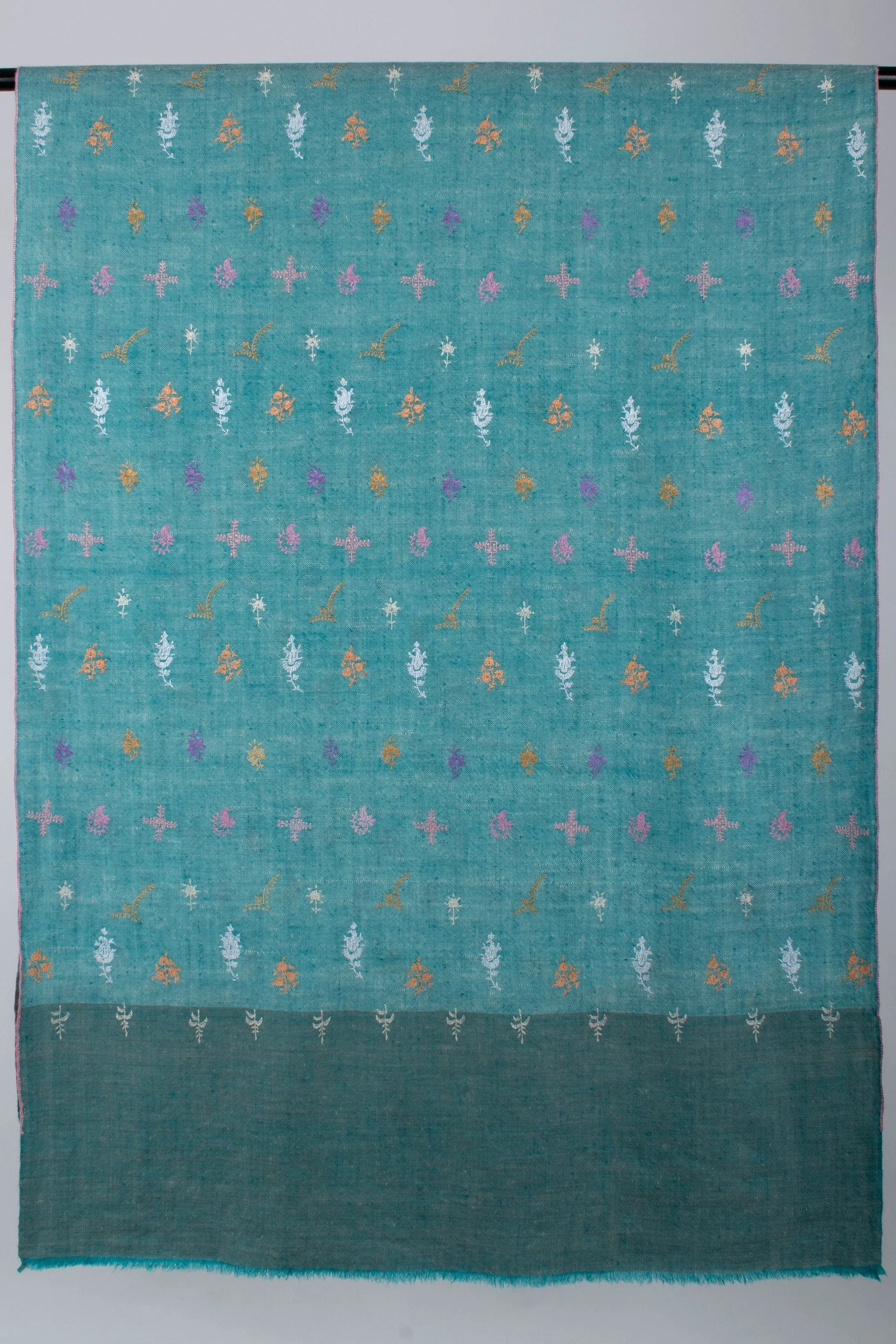 Khadi Kashmir Shawl, Pashmina Scarf, Sozni Wrap, Super Soft, Handmade, Embroidered Neck Scarves, 28x80" - PONDICHERRY