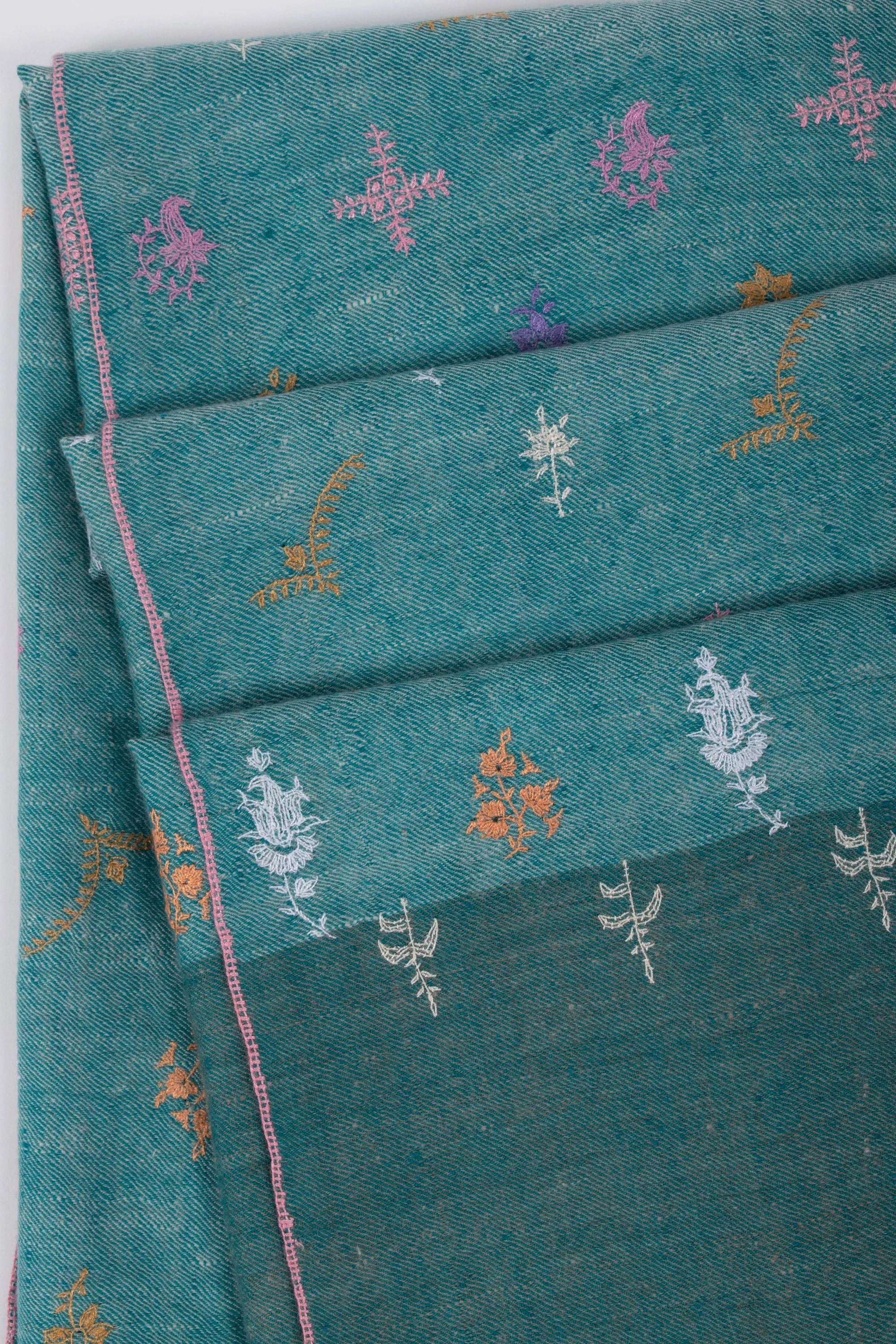 Khadi Kashmir Shawl, Pashmina Scarf, Sozni Wrap, Super Soft, Handmade, Embroidered Neck Scarves, 28x80" - PONDICHERRY