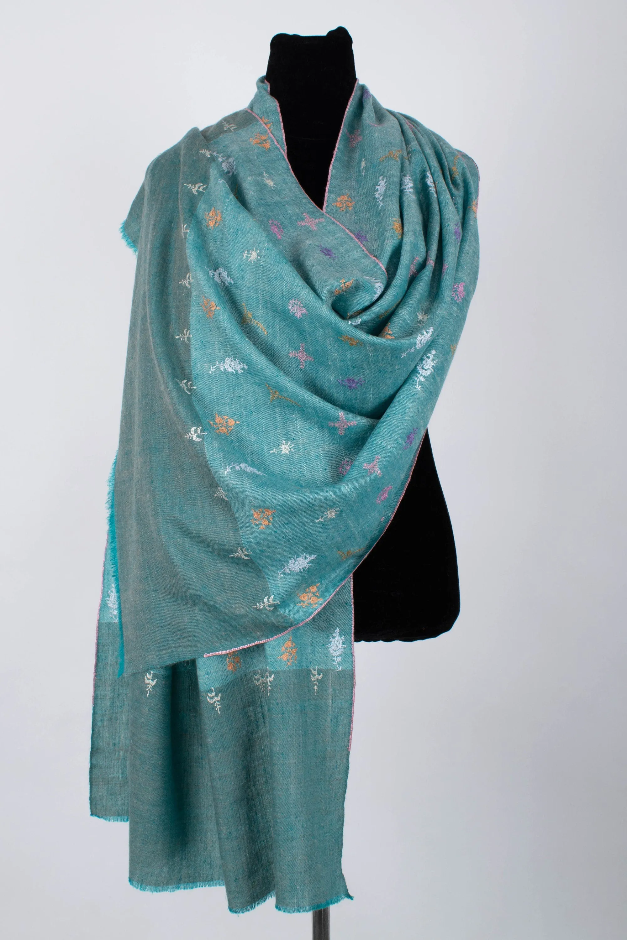 Khadi Kashmir Shawl, Pashmina Scarf, Sozni Wrap, Super Soft, Handmade, Embroidered Neck Scarves, 28x80" - PONDICHERRY