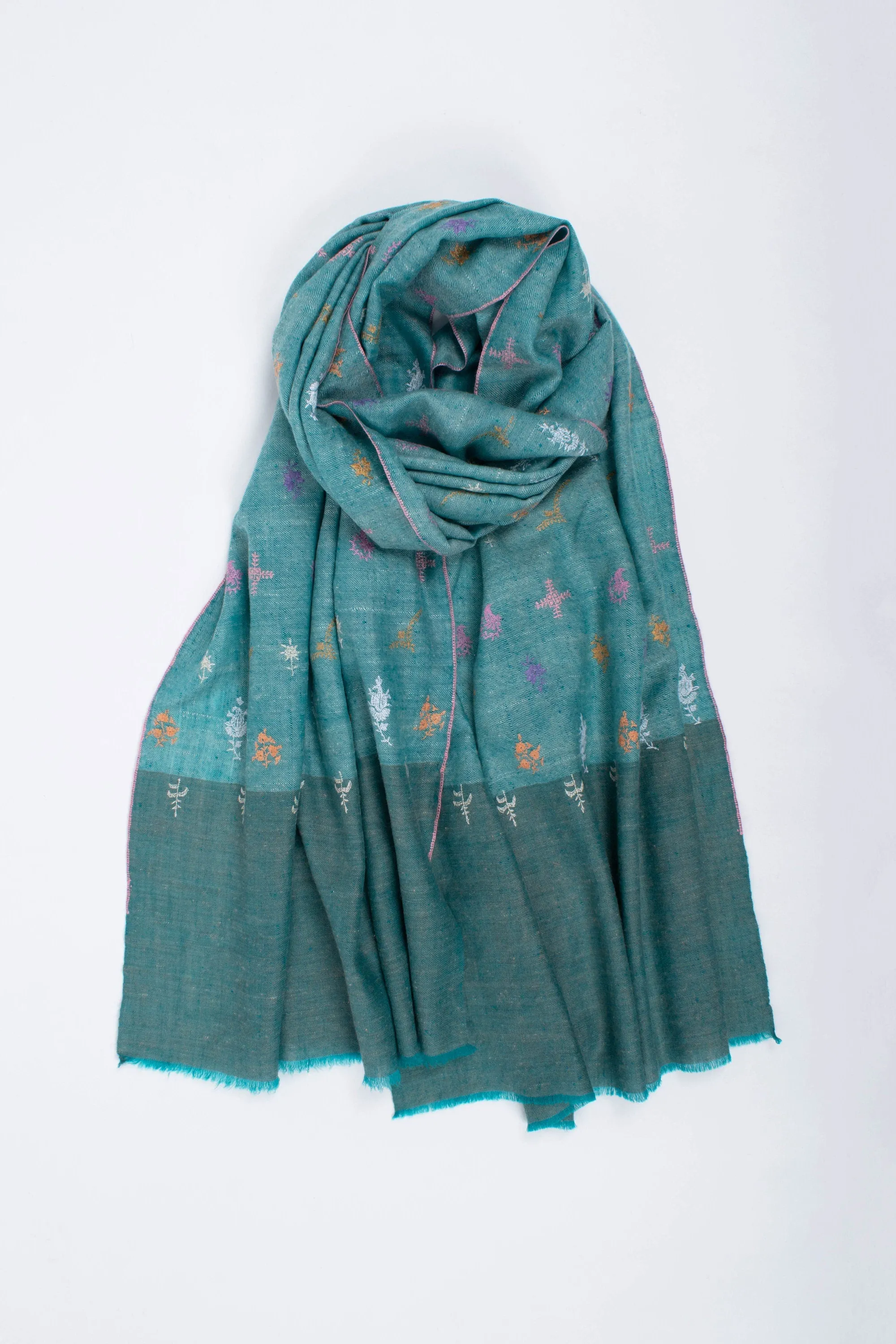 Khadi Kashmir Shawl, Pashmina Scarf, Sozni Wrap, Super Soft, Handmade, Embroidered Neck Scarves, 28x80" - PONDICHERRY