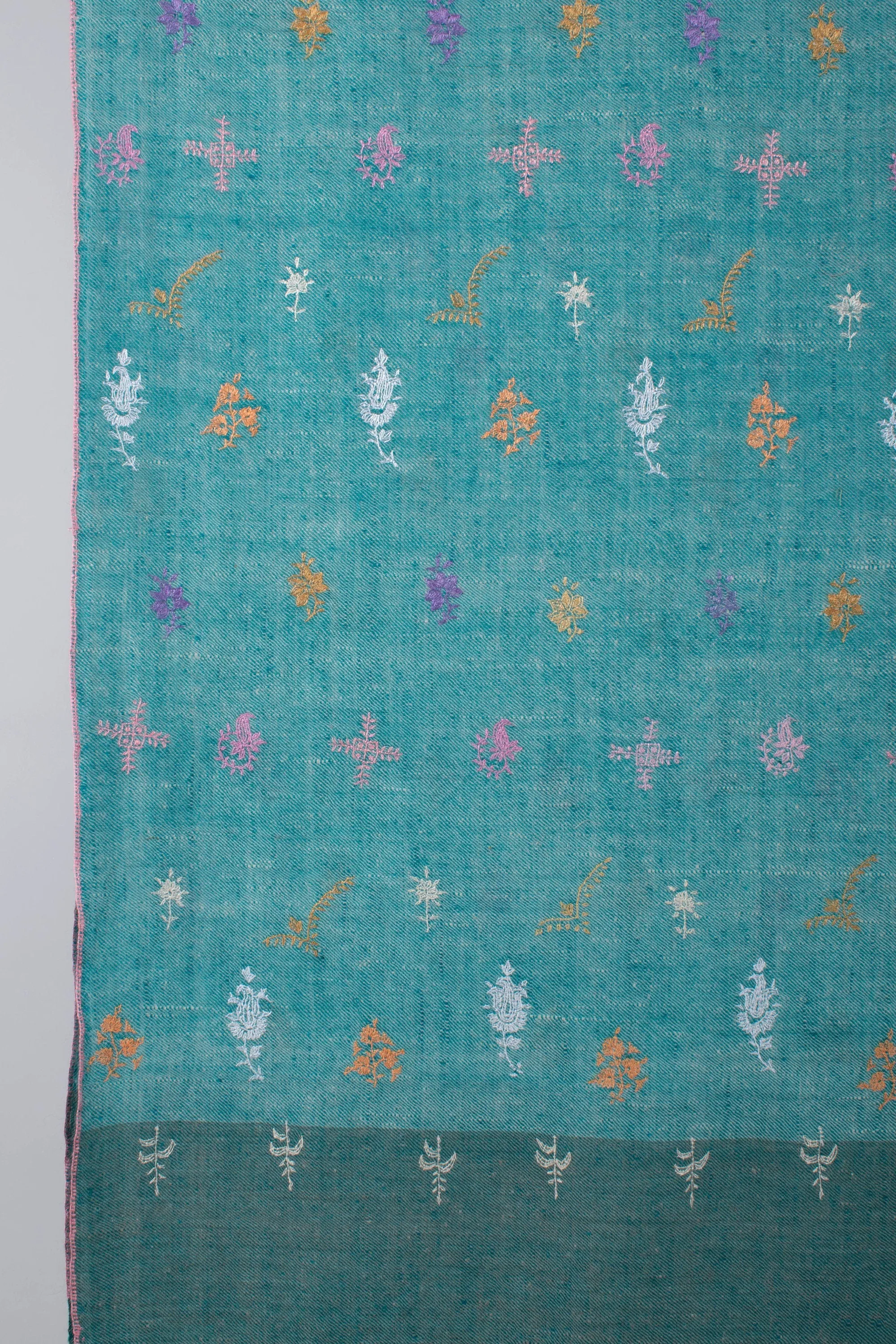 Khadi Kashmir Shawl, Pashmina Scarf, Sozni Wrap, Super Soft, Handmade, Embroidered Neck Scarves, 28x80" - PONDICHERRY