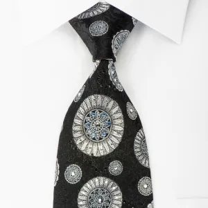 Lancetti Rhinestone Silk Necktie Silver Medallions On Black With Silver Sparkles