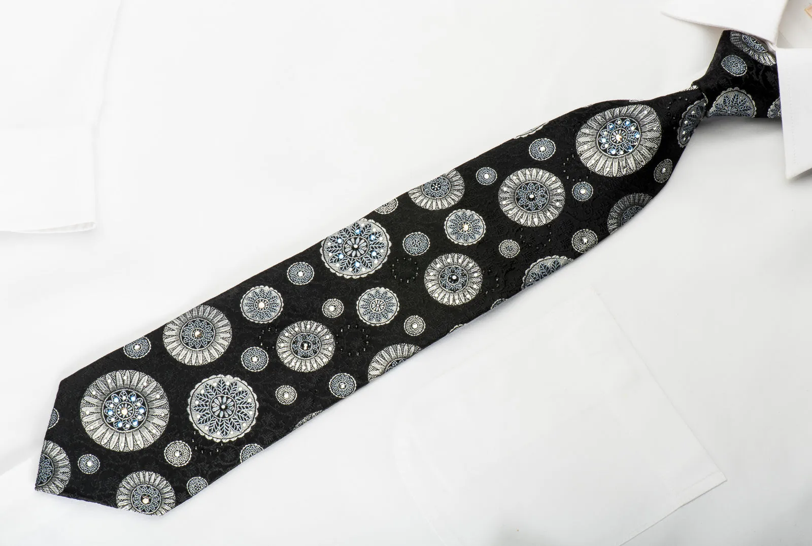 Lancetti Rhinestone Silk Necktie Silver Medallions On Black With Silver Sparkles