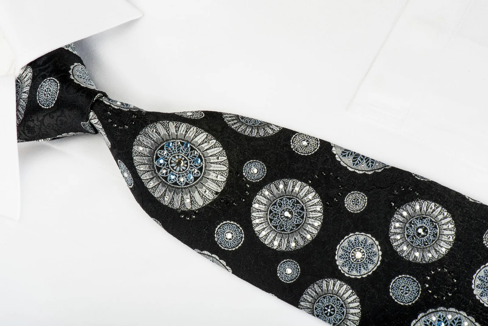 Lancetti Rhinestone Silk Necktie Silver Medallions On Black With Silver Sparkles