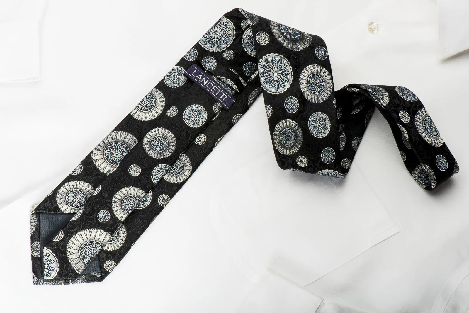 Lancetti Rhinestone Silk Necktie Silver Medallions On Black With Silver Sparkles