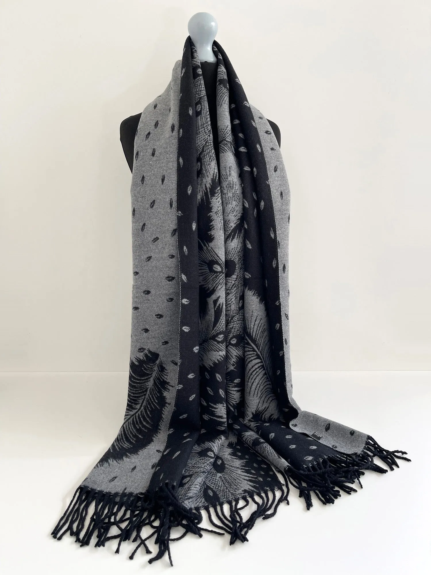 LARGE BLACK CASHMERE FEATHER PRINT REVERSIBLE WINTER SHAWL BLANKET SCARF