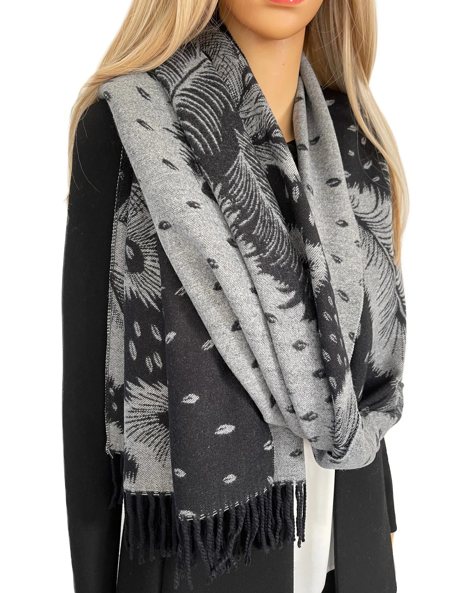 LARGE BLACK CASHMERE FEATHER PRINT REVERSIBLE WINTER SHAWL BLANKET SCARF