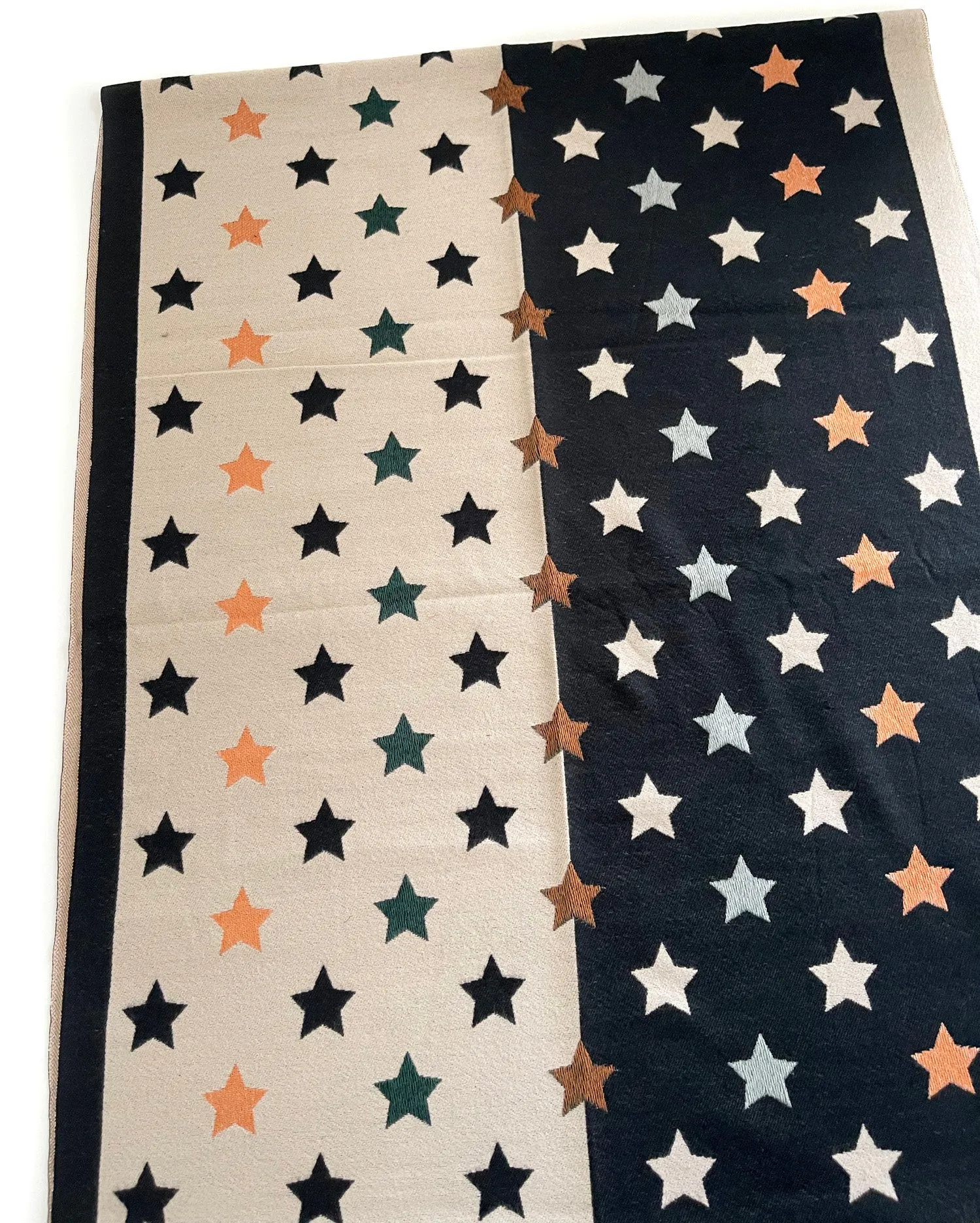 LARGE BLACK WOOL STAR PRINT REVERSIBLE WINTER SHAWL BLANKET SCARF