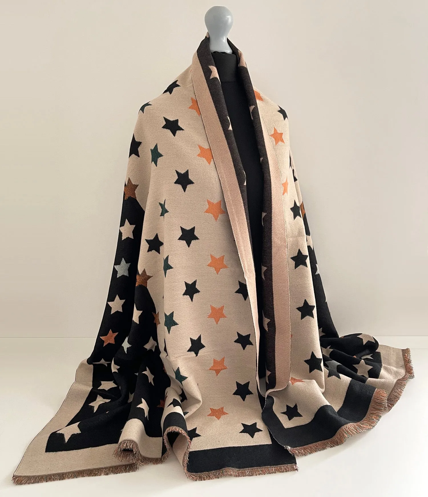 LARGE BLACK WOOL STAR PRINT REVERSIBLE WINTER SHAWL BLANKET SCARF