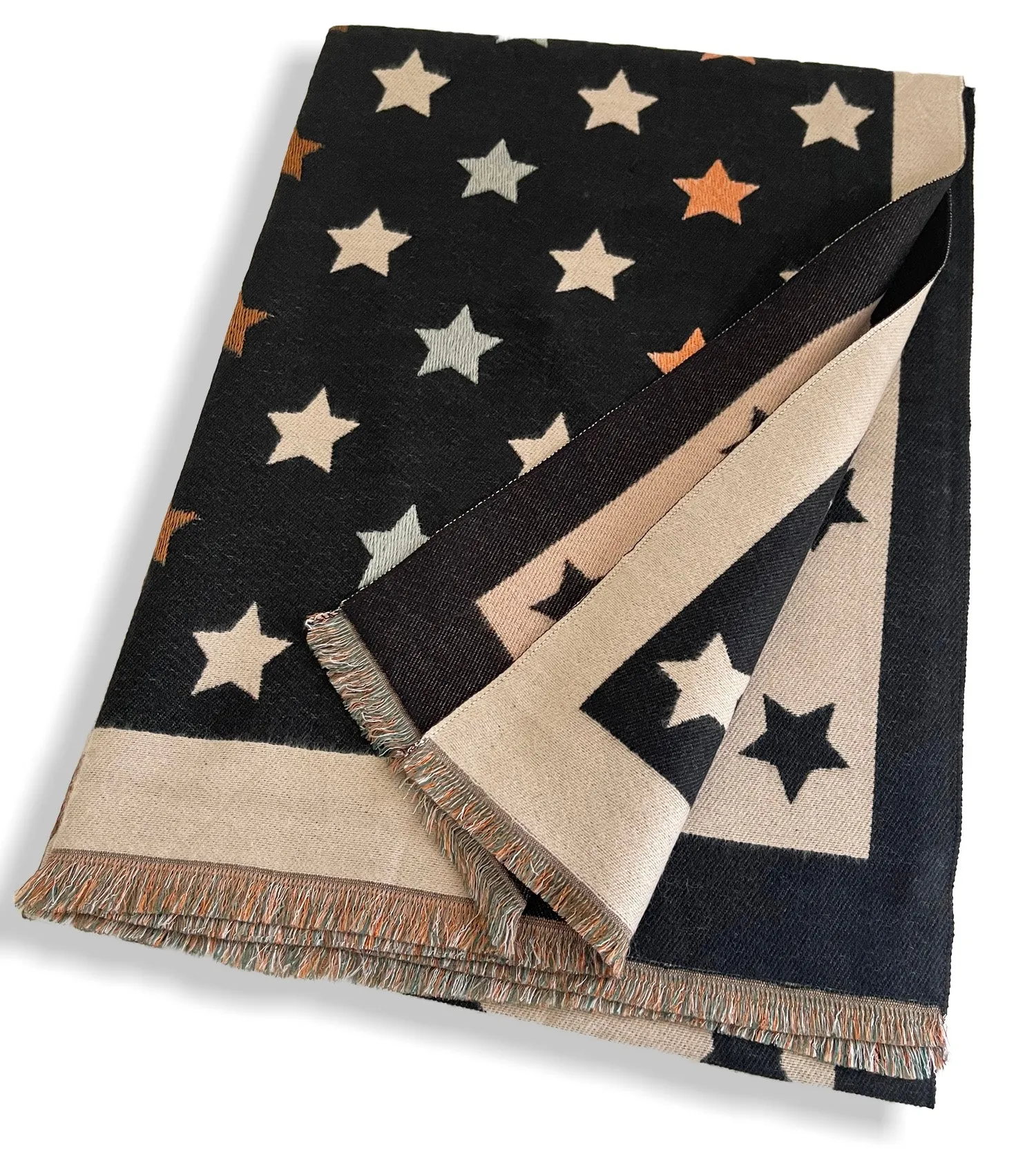 LARGE BLACK WOOL STAR PRINT REVERSIBLE WINTER SHAWL BLANKET SCARF