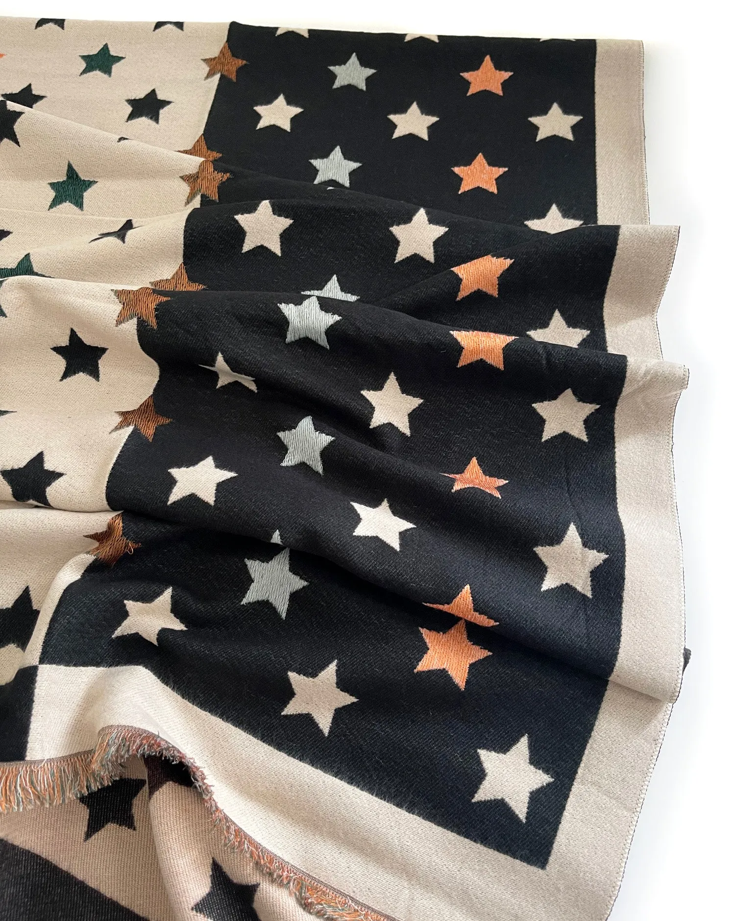 LARGE BLACK WOOL STAR PRINT REVERSIBLE WINTER SHAWL BLANKET SCARF