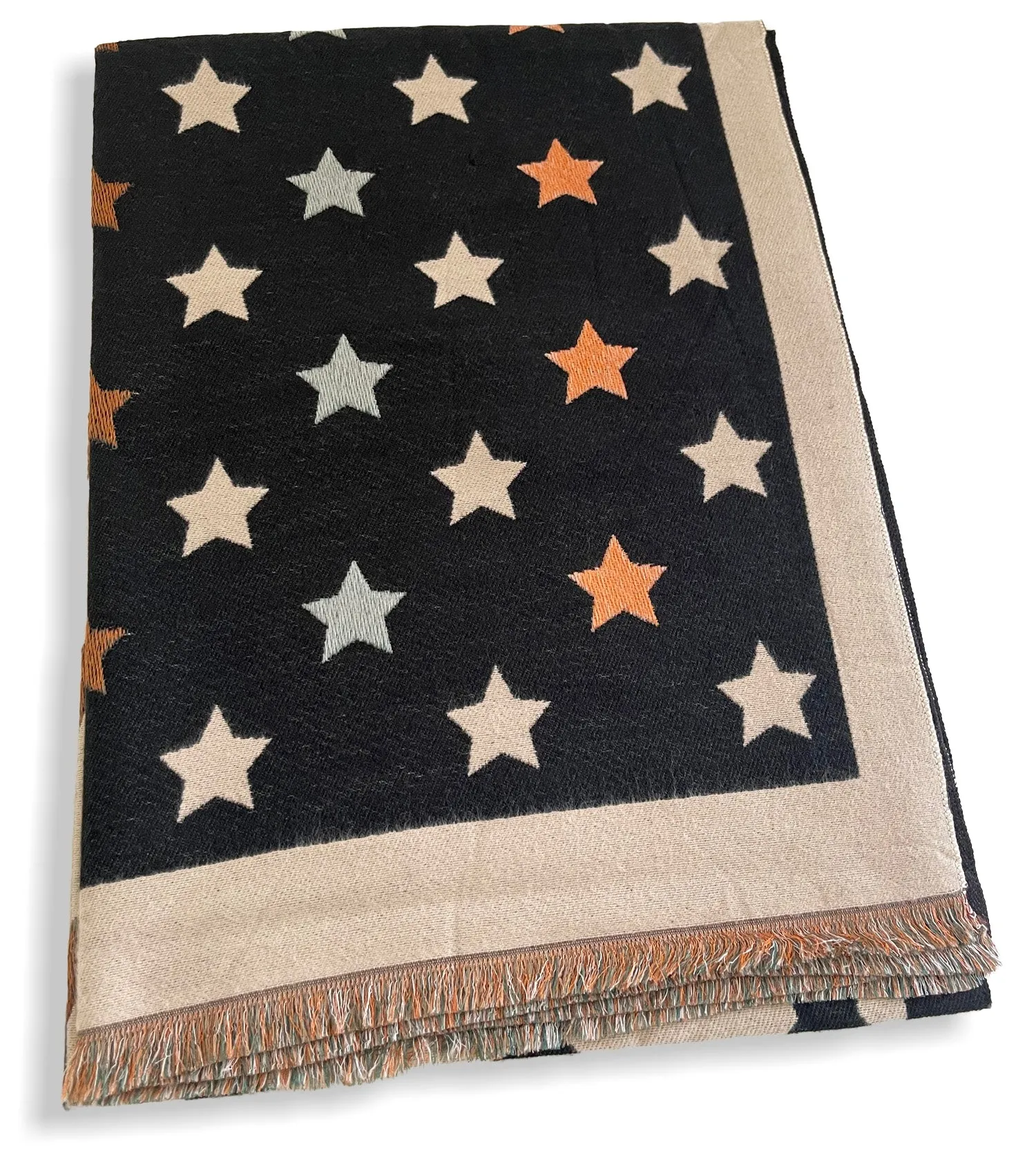 LARGE BLACK WOOL STAR PRINT REVERSIBLE WINTER SHAWL BLANKET SCARF